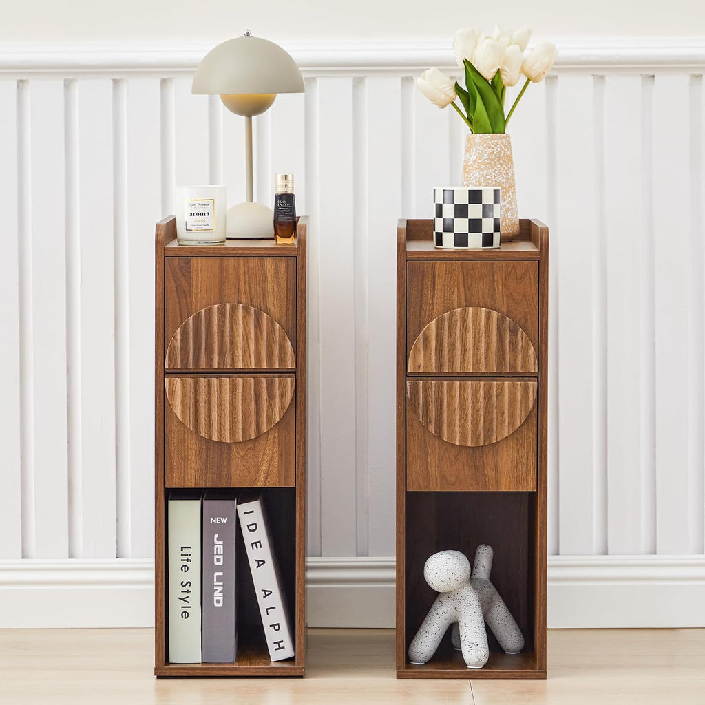 Narrow Nightstands Set of 2 for Bedroom, Mid Century Modern Wooden Bedside with 2 Drawers, Fluted Skinny End Table, 8 Inch Wide Slim Side Tables for Small Spaces, Walnut