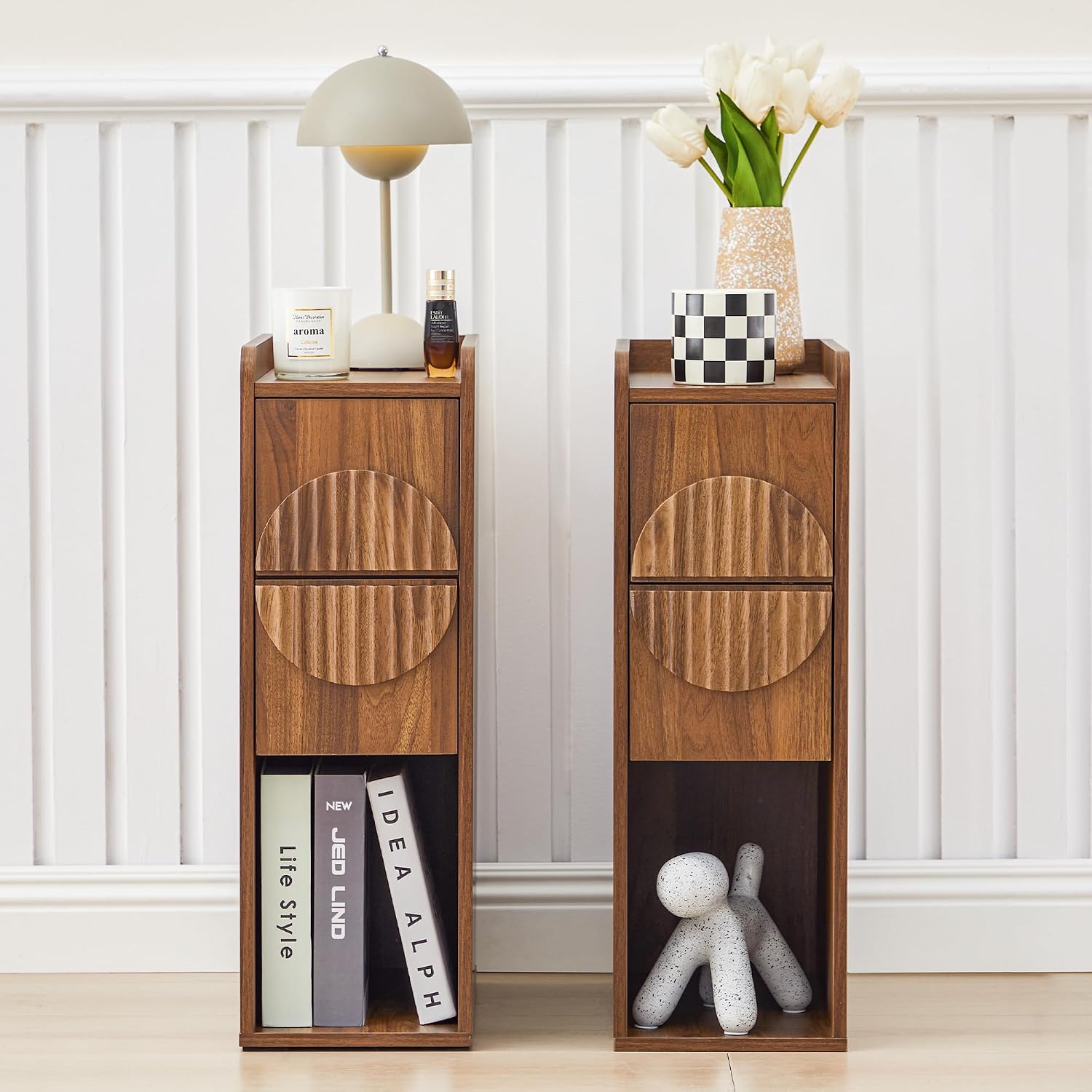 Narrow Nightstands Set of 2 for Bedroom, Mid Century Modern Wooden Bedside with 2 Drawers, Fluted Skinny End Table, 8 Inch Wide Slim Side Tables for Small Spaces, Walnut