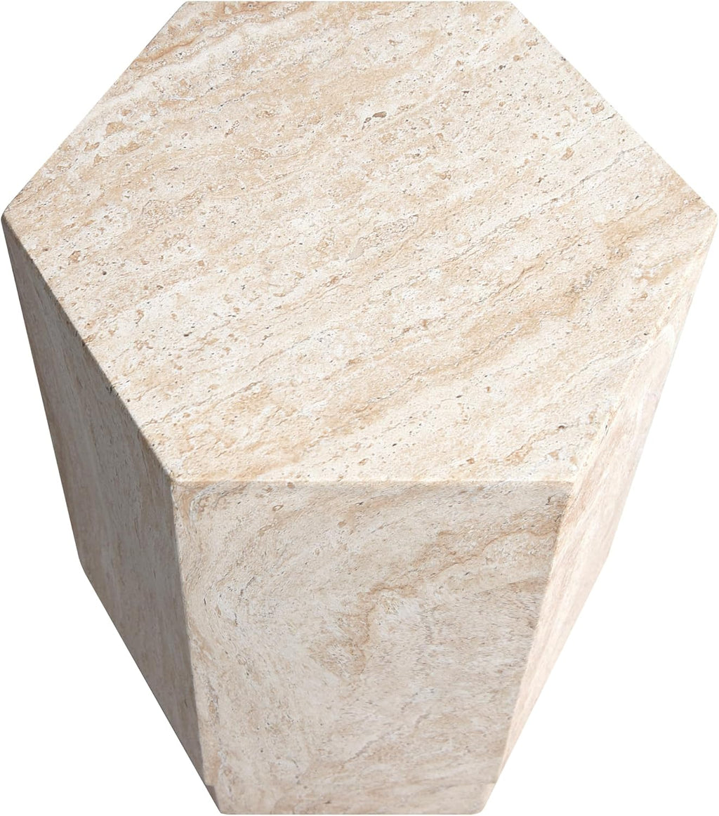 Empire Art Direct Hexagonal Travertine Stone Finish Italian Design MgO Side Accent Table, Living Room, Bedroom & Office, 14.6'x14.6'x18.1'