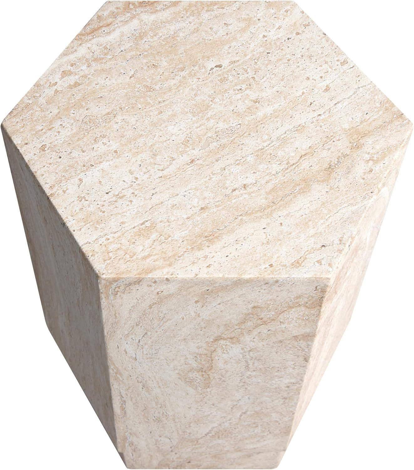 Empire Art Direct Hexagonal Travertine Stone Finish Italian Design MgO Side Accent Table, Living Room, Bedroom & Office, 14.6'x14.6'x18.1'