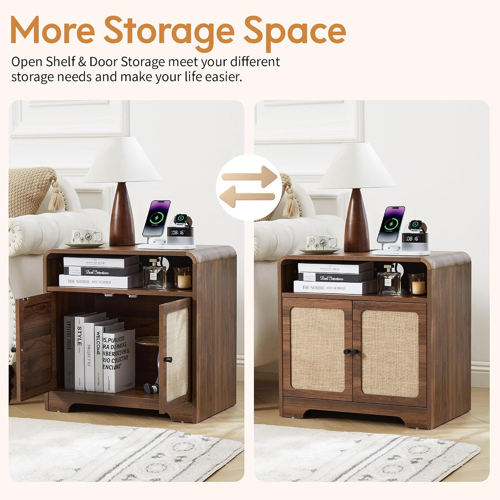 24' Nightstand Set of 2, Large End Table with Door & Charging Station AC + USB + Tpye-C, Mid-Century Farmhouse Linen Decor Night Stand Side Table for Living Room Sofa Couch Side, Bedroom Bedside