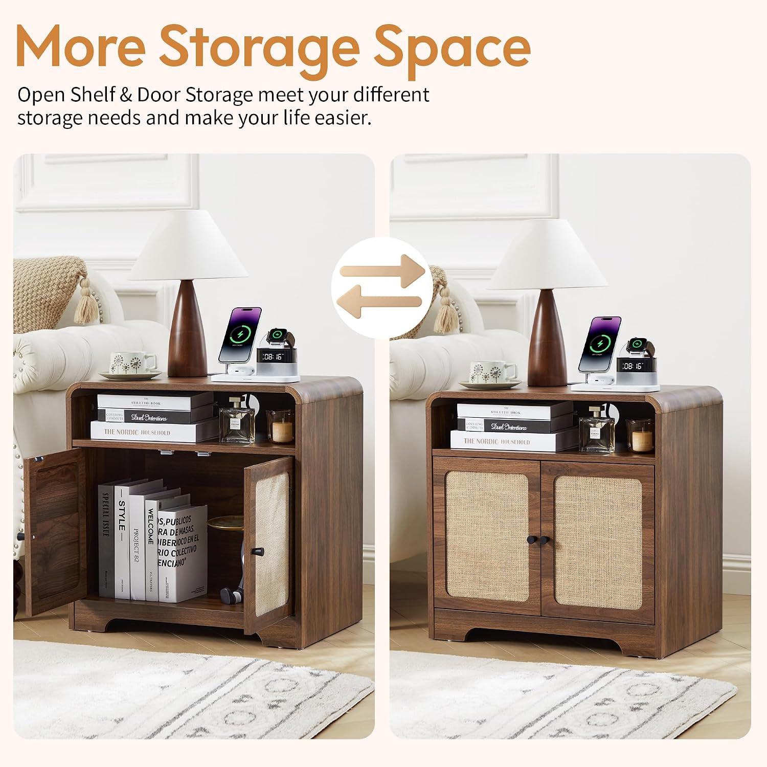 24' Nightstand Set of 2, Large End Table with Door & Charging Station AC + USB + Tpye-C, Mid-Century Farmhouse Linen Decor Night Stand Side Table for Living Room Sofa Couch Side, Bedroom Bedside