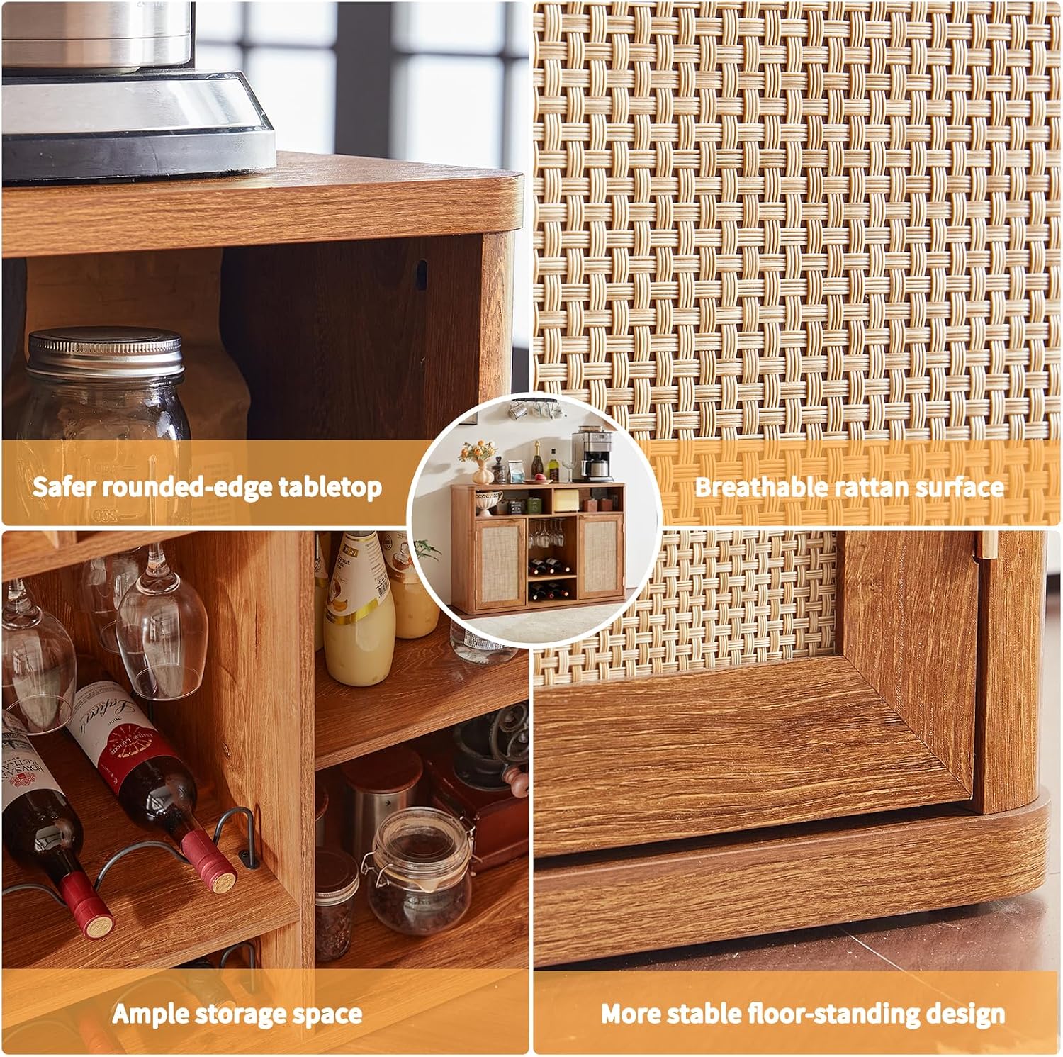 Lerliuo Rattan Wine Cabinet with 2 Doors, Boho Liquor Cabinet with Wine Racks, Farmhouse Coffee Bar Station for Living Room, Dining Room, Kitchen, Tea Brown