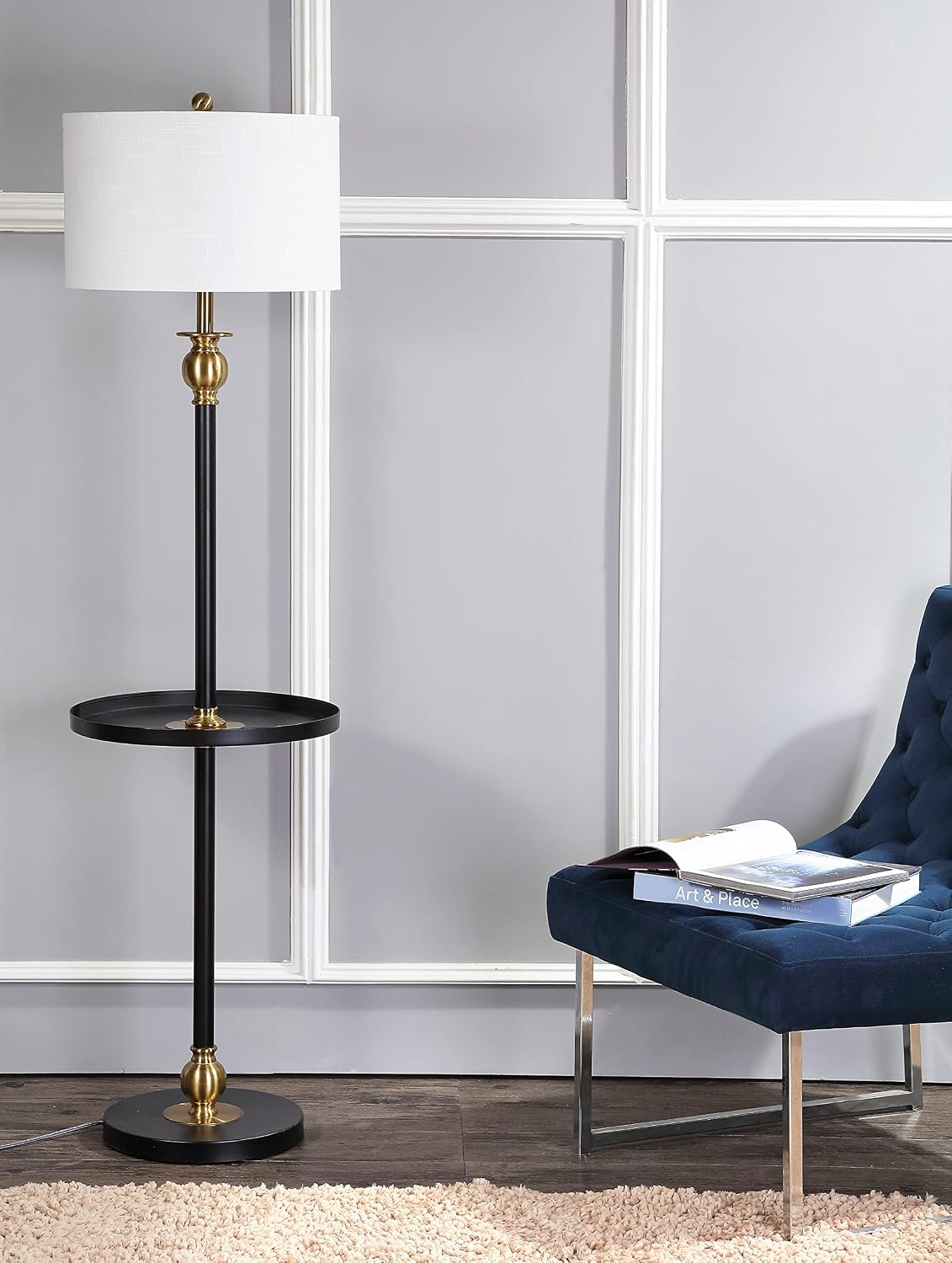 JONATHAN Y 61' Black/Brass Gold Metal LED End Table Floor Lamp, Modern Contemporary Iron Standing Lamp with White Linen Drum Shade for Living Room, LED Bulb Included JYL3002A