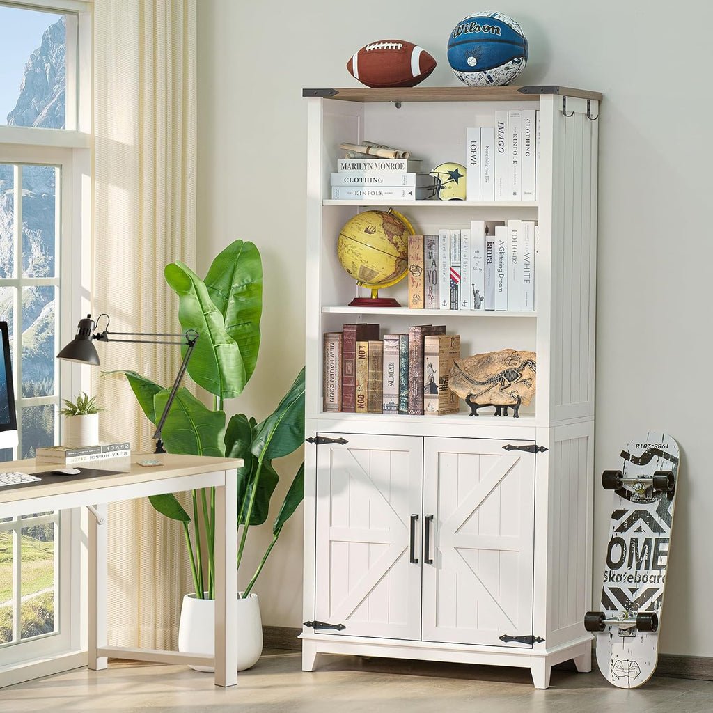 Joaxswe 5 Tier Bookshelf 70in Tall Bookcase with Barn Doors and Storage Cabinet, White Farmhouse Book Shelf with Adjustable Shelves, Wood Freestanding Display Bookshelves for Bedroom, Kitchen (2PCS)
