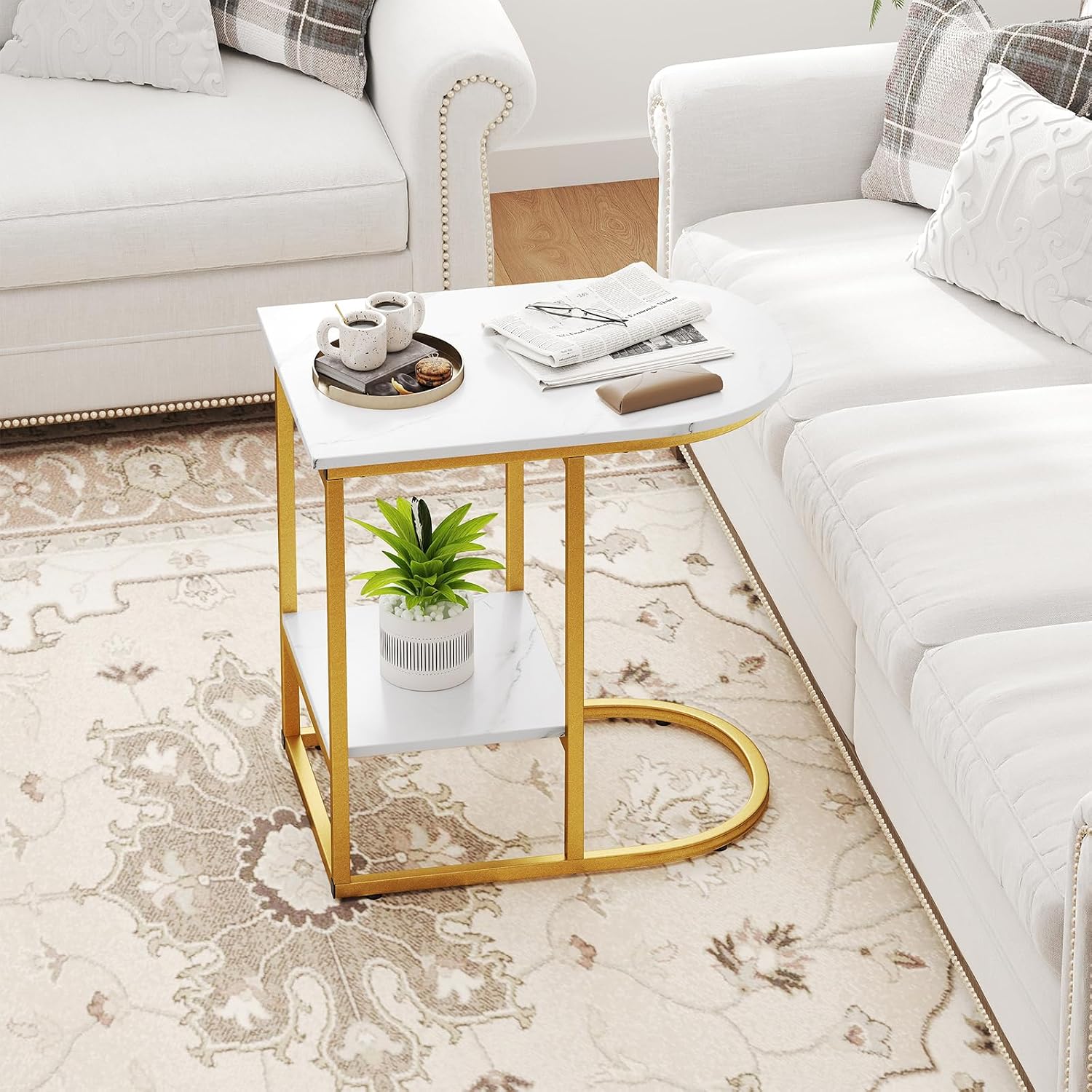 Giantex C Shaped End Table Set of 2, Modern Sofa Side Table with Faux Marble Tabletop & Storage Shelf, Slide Under Sofa Bed, 2-Tier Couch Table for Small Spaces Living Room Bedroom, White