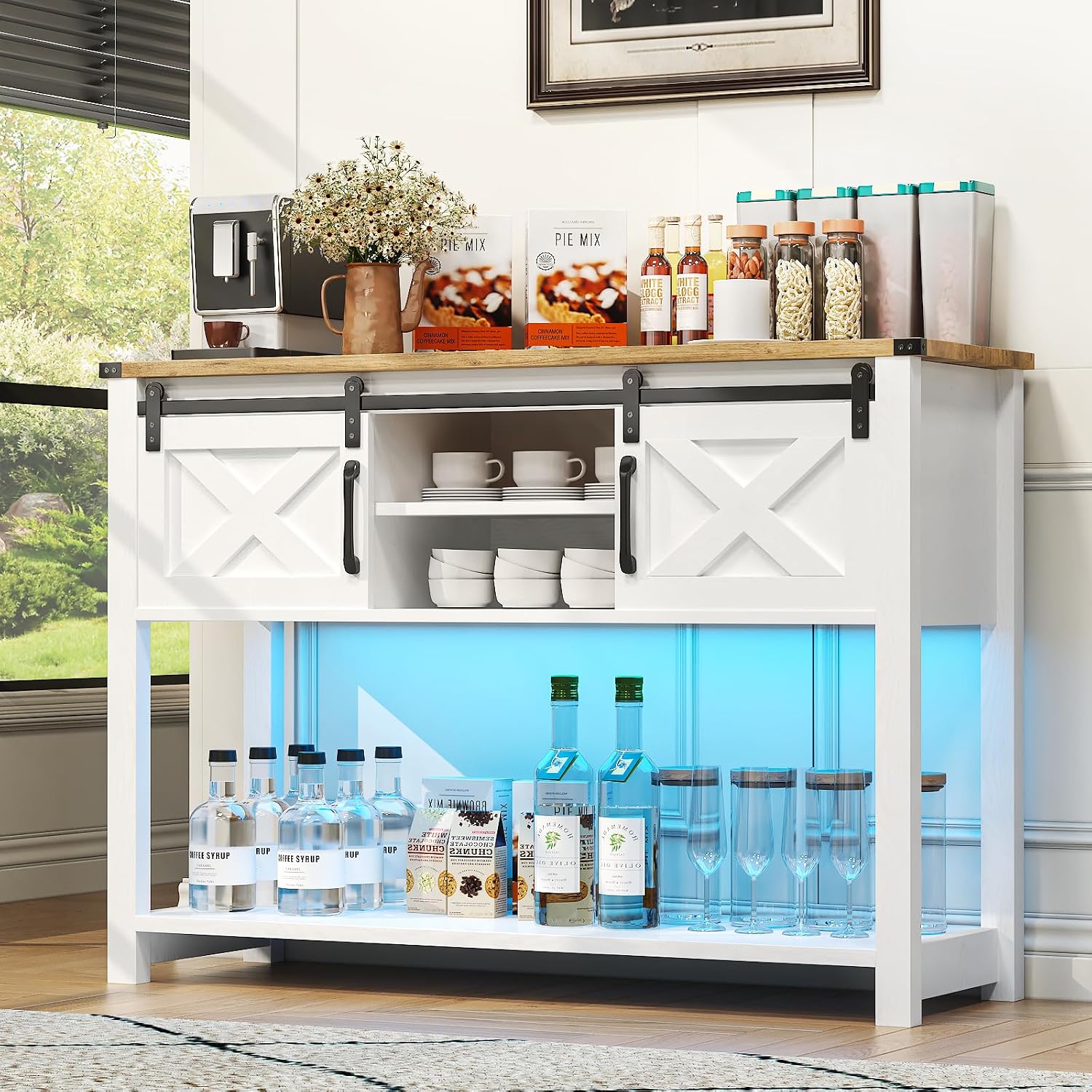 Farmhouse Entryway Table with LED Light, Sofa Table with Sliding Barn Door, Adjustable Open Shelves, 46' Rustic Console Table with Storage, Antique White Hallway for Living Room Bedroom
