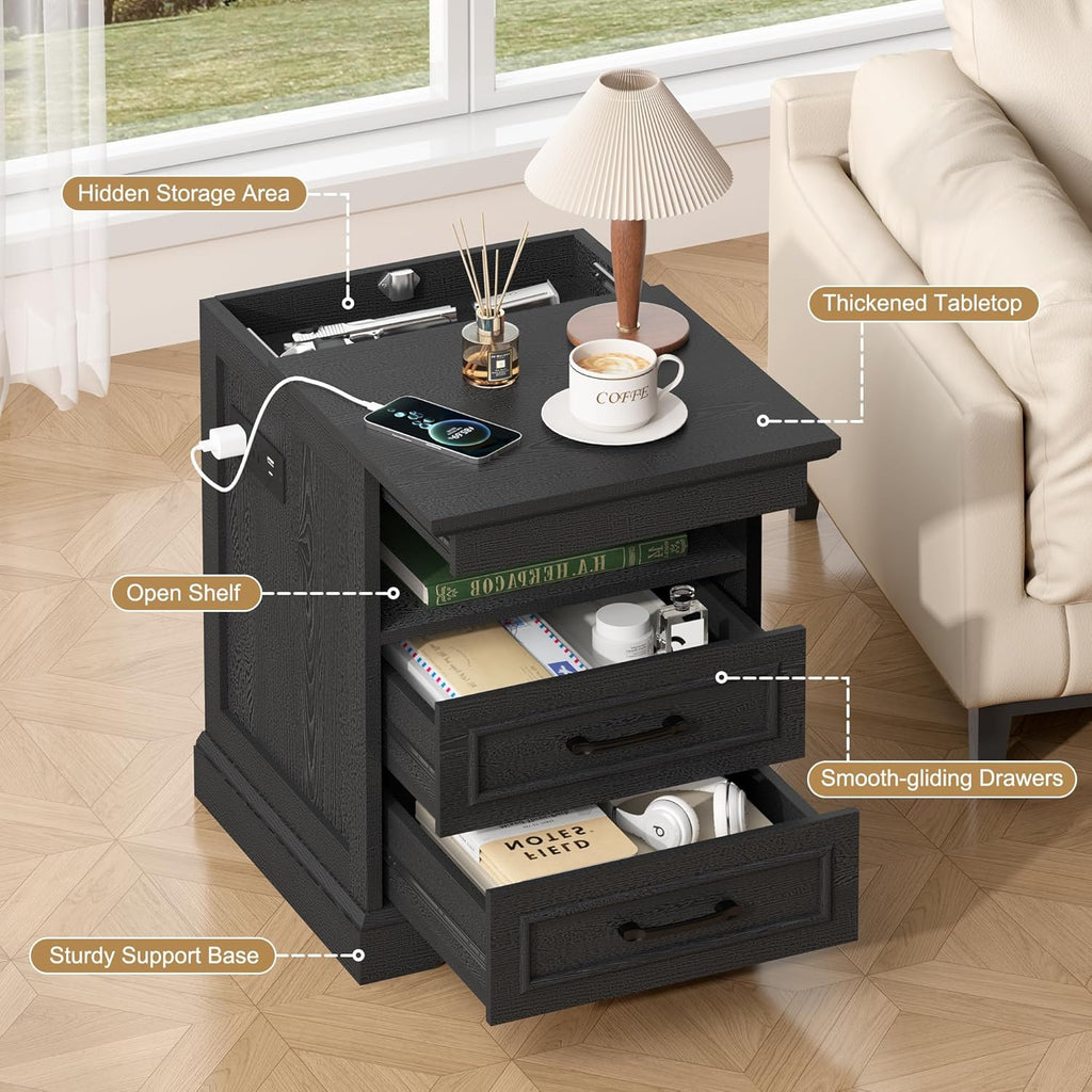 Gadroad 18' Farmhouse Accent Nightstand with Charging Station, End Table with 3 Drawers Storage, Side Table, Bedside Cabinet for LivingRoom Bedroom Office, Black
