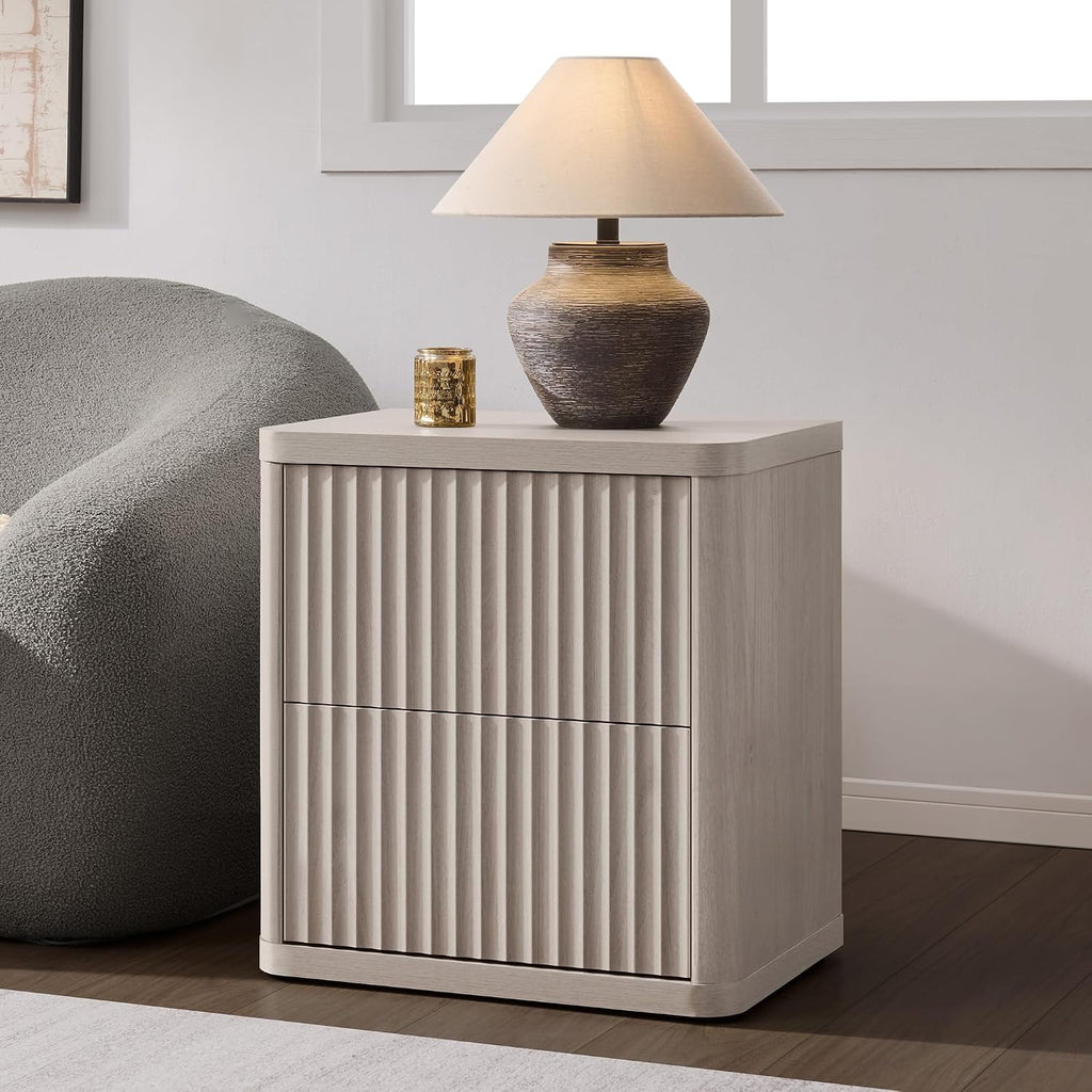 SICOTAS Night Stand Set of 2 Nightstands with 2 Drawers Storage Bedside Table Large Fluted Bed Side End Table Modern 24.4' Tall Wide Night Stands for Bedroom Living Room Sofa Couch Office, White Alder