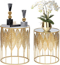 Homebeez Gold Nesting Tables Set of 2, Glam Leaf Design Round End Table with Stainless Steel Top for Living Room & Bedroom, No Assembly Required