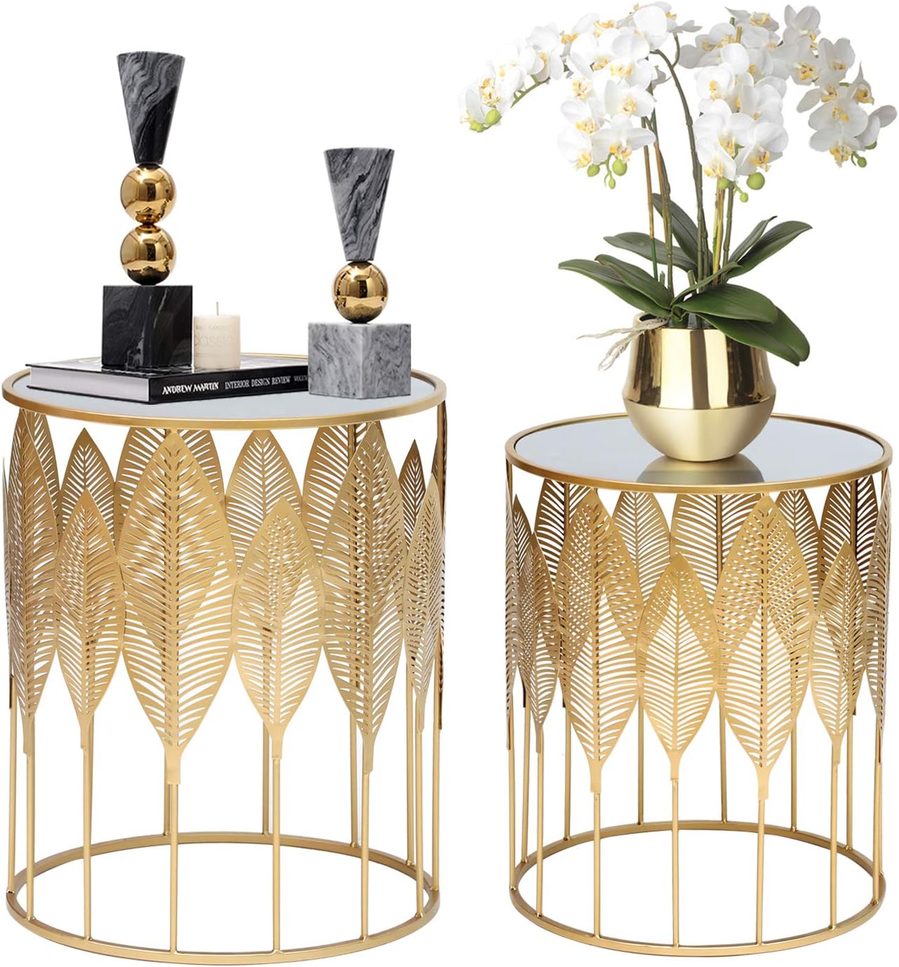 Homebeez Gold Nesting Tables Set of 2, Glam Leaf Design Round End Table with Stainless Steel Top for Living Room & Bedroom, No Assembly Required