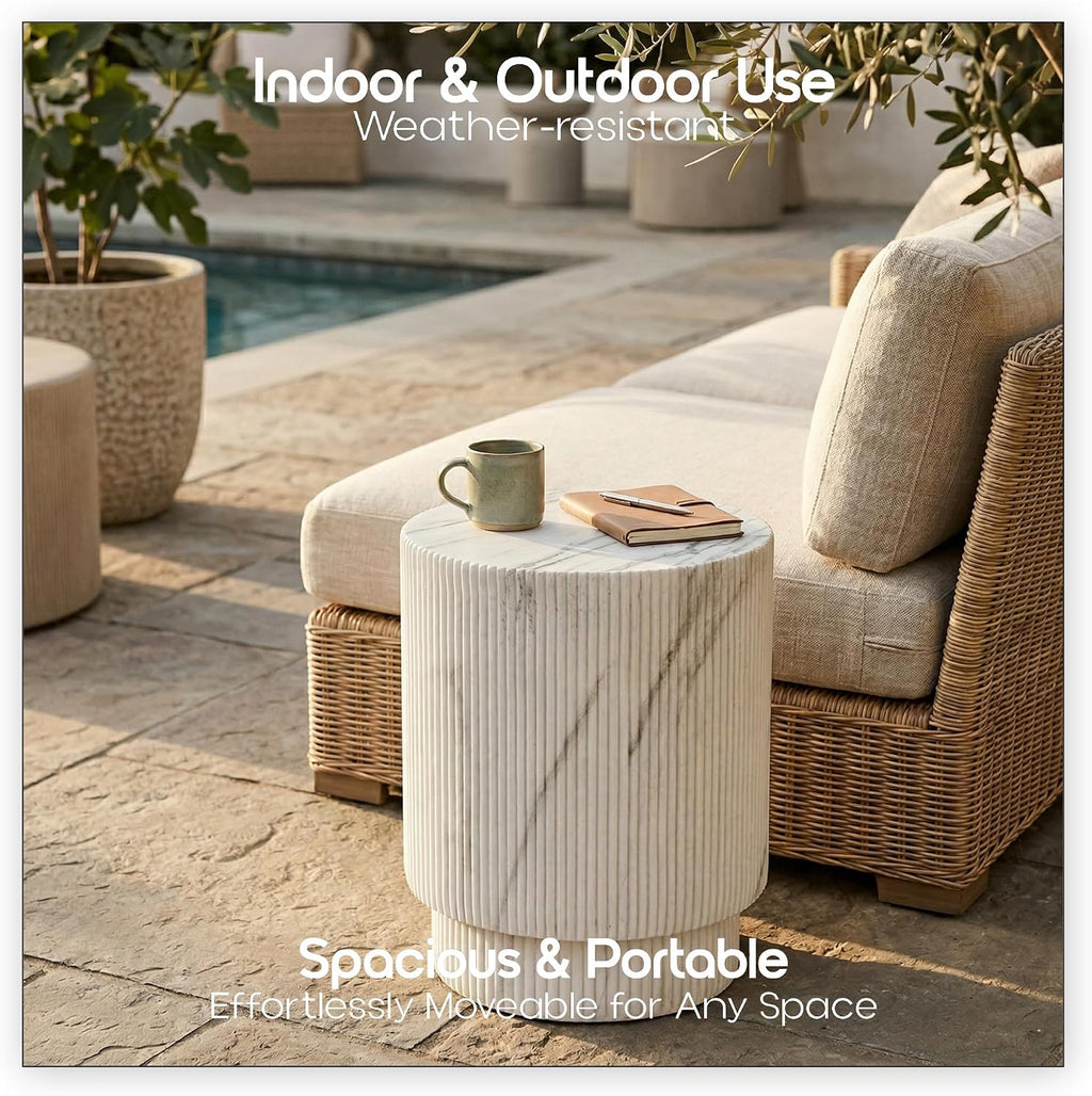LeisureMod Eden Modern Side End Table – Indoor and Outdoor Accent Table for Living Room, Bedroom, Patio, Balcony, Porch, Garden, Small Spaces in White Marble