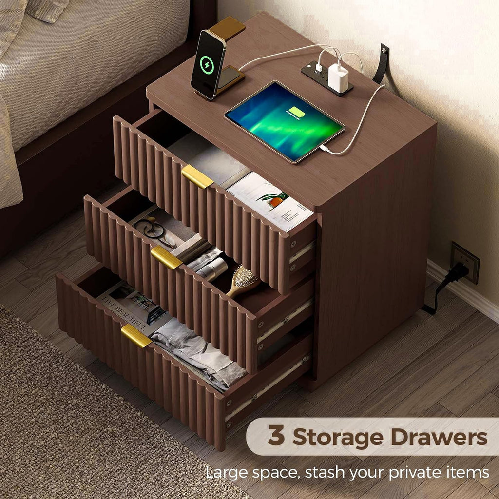 Nightstand with Charging Station, Wood Night Stand with 3 Drawers Storage Bedside Table Large Fluted Bed Side End Table, Modern Nightstand for Bedroom Living Room (Walmut)