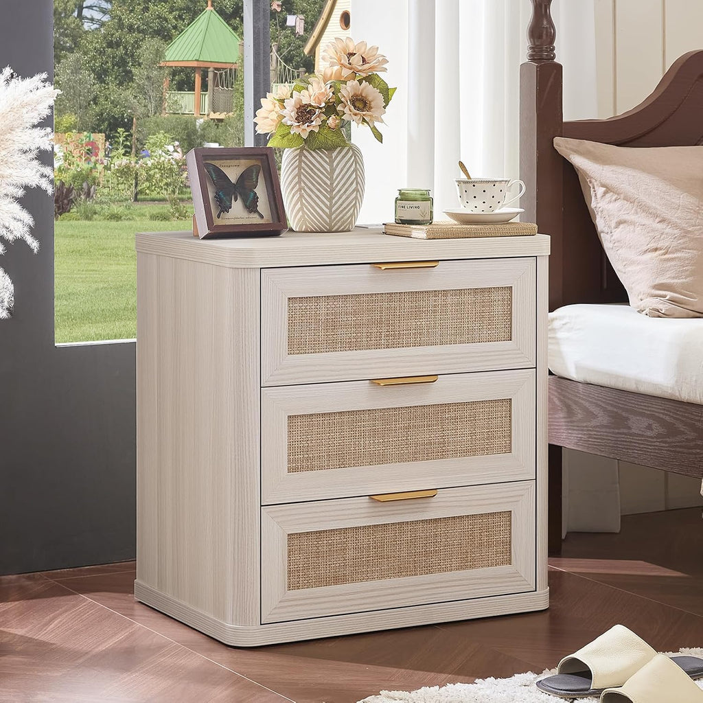 LEYAOYAO Rattan Night Stand Set of 2 with Charger Station, 23' Large 3 Drawer Boho Nightstand, Grey White Bedside Table Storage Cabinet, Bed Side End Tables for Bedroom, Living Room, Hallway