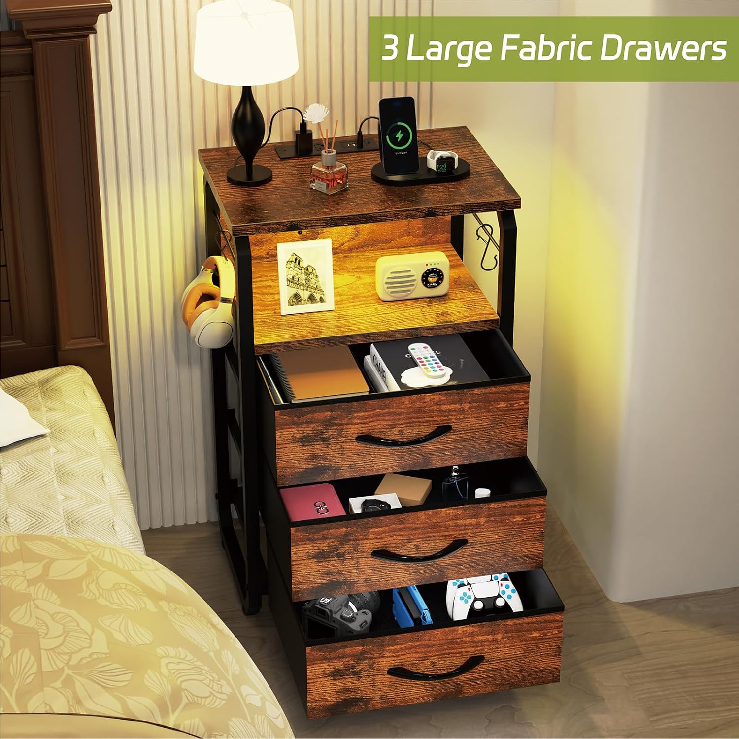 runjuly Night Stand Set 2, Nightstand with LED Lights and Fabric Drawers, Matching End Tables with Charging Station USB C Port, Bedside Tables with Hooks for Bedroom, Rustic Brown