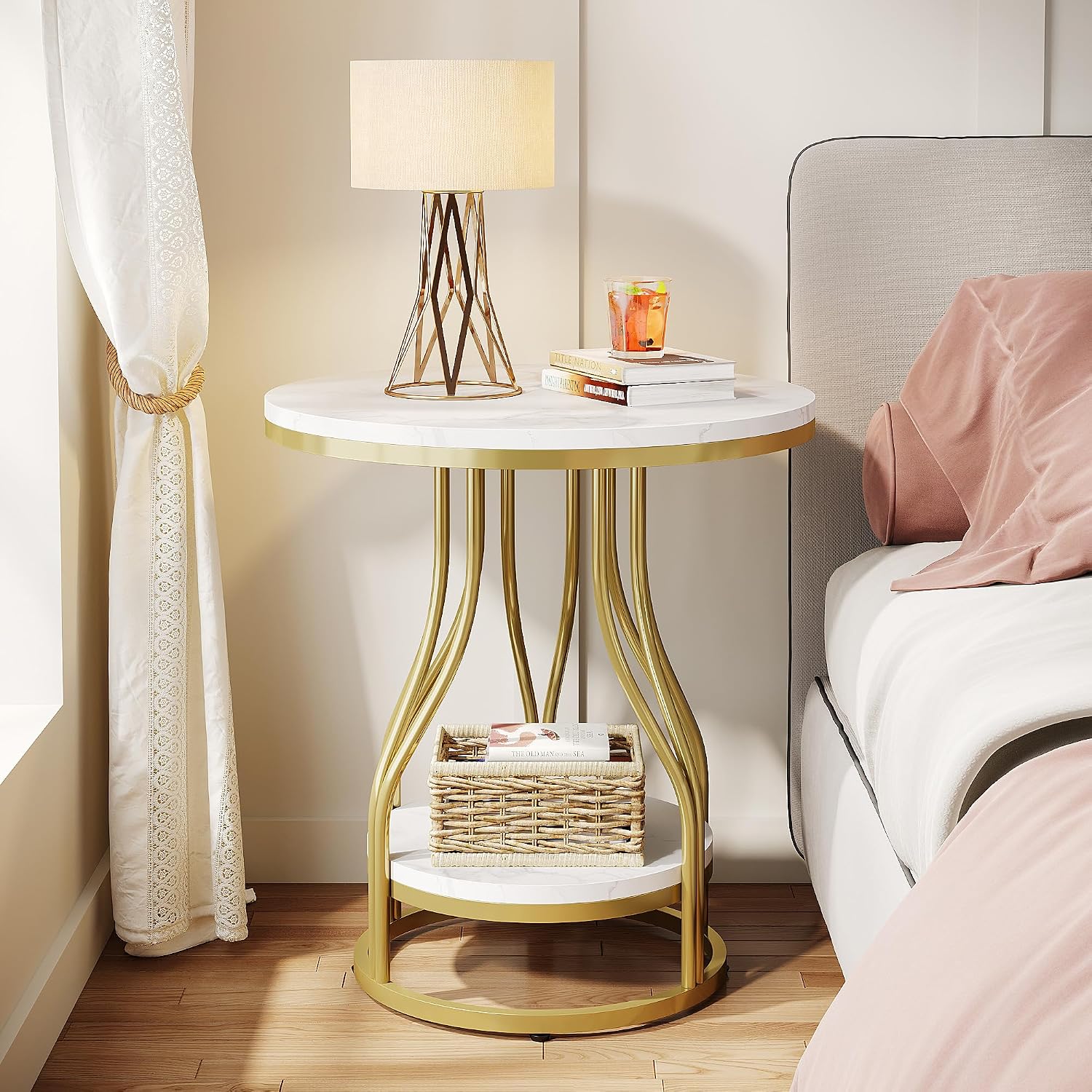 Tribesigns Round Side Table White Gold End Table Set of 2, 2-Tier End Table Modern Bedside Table Small Side Table with Storage Sofa Side Table with Metal Frame for Living Room