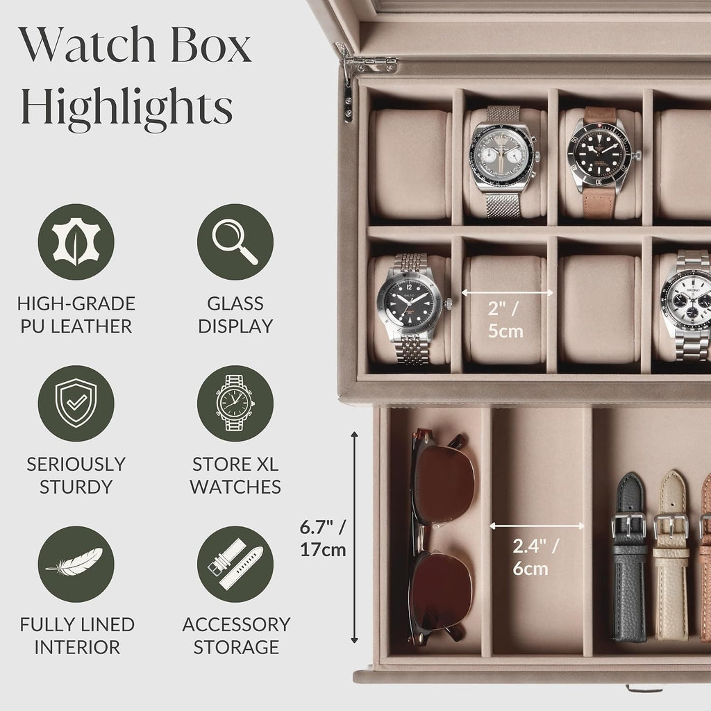 TAWBURY 12 Slot Watch Box with Storage Drawer – Premium Watch Storage Case for Men & Women | Handcrafted from PU Leather & Engineered Wood (Taupe)