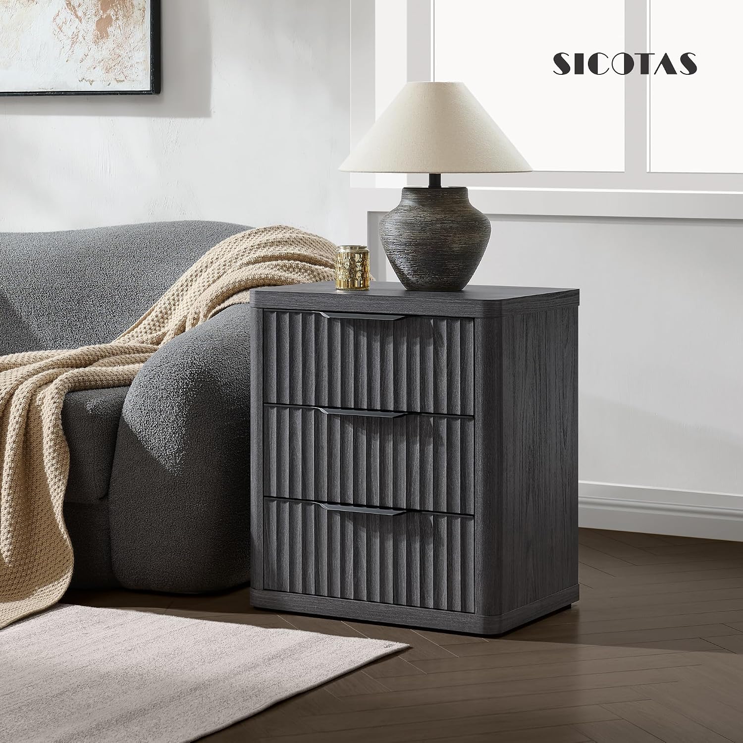 SICOTAS Night Stand Set of 2 Nightstands with 3 Drawers Storage Bedside Table Large Fluted Bed Side End Table Modern 25.6' Tall Wide Night Stands for Bedroom Living Room Sofa Couch Office