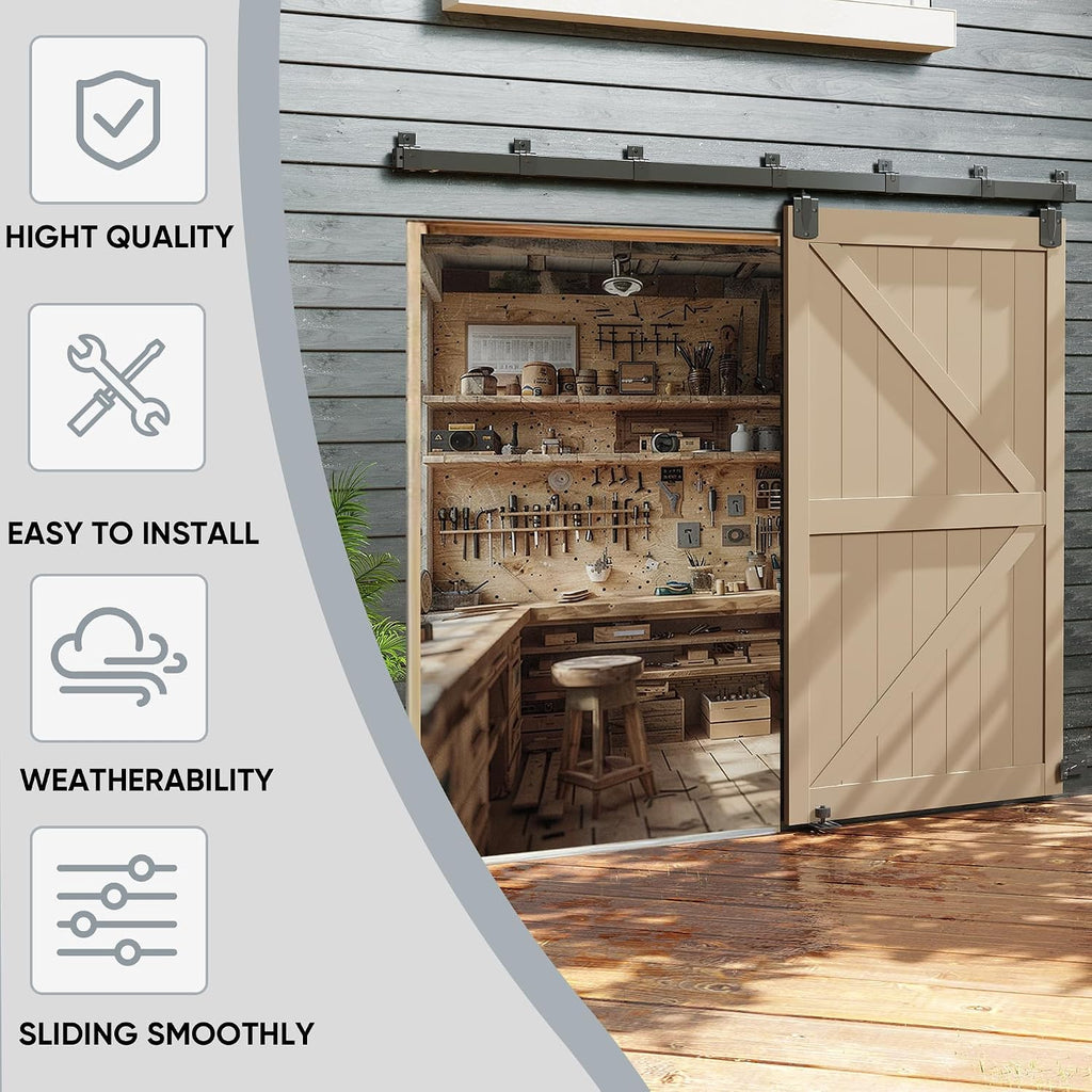 JUBEST 9FT Box Rail Exterior Barn Door Hardware Kit, Heavy-Duty Black Sliding Barn Door Track System, Wall Mount Door Hardware Kits (Door Not Included)