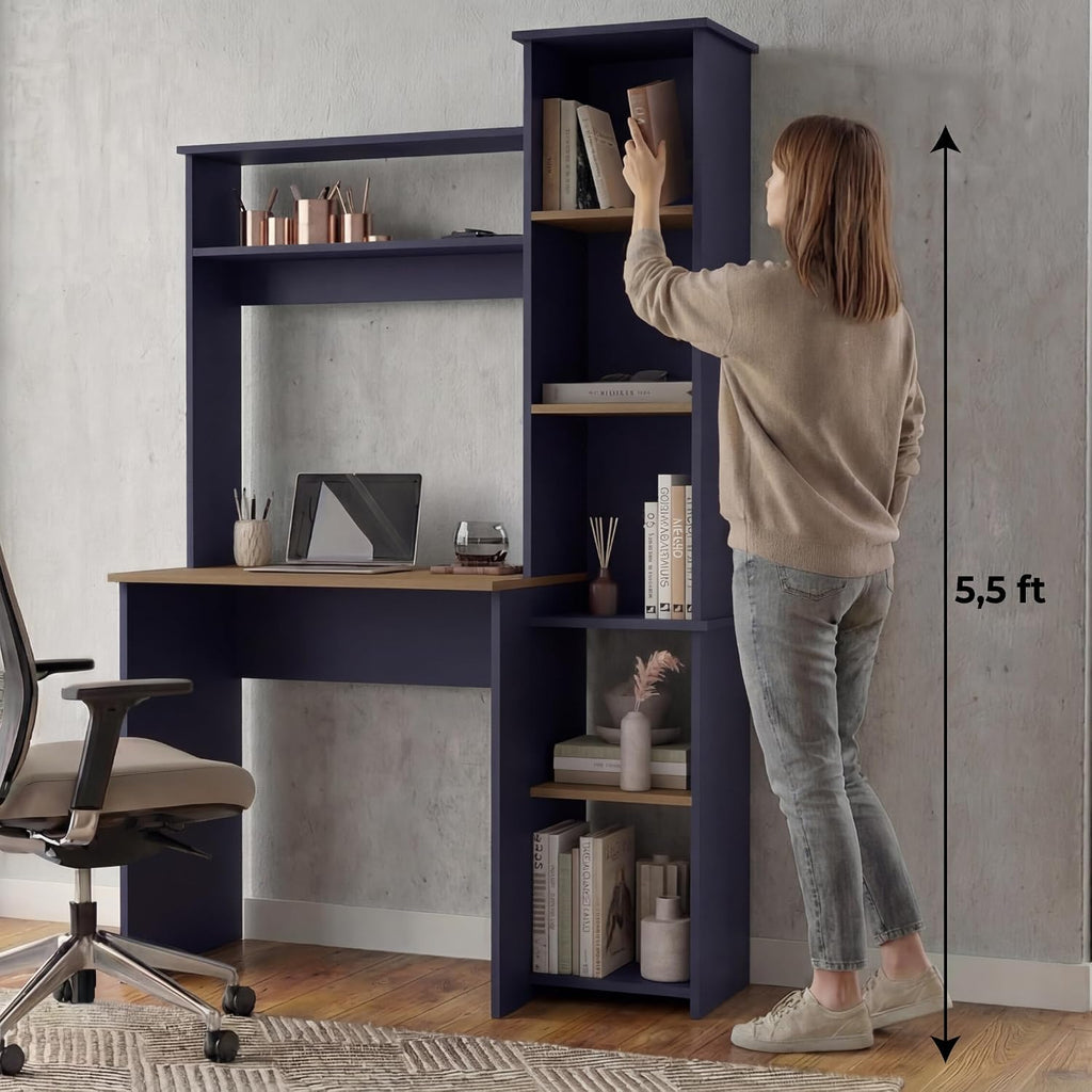 TUHOME Versalles Writing Desk with Large Monitor Shelf,Keyboard Tray and Five Side Open Storage Compartments,Modern Space-Saving Office Desk for Studios,Workspaces or Bedrooms, Functional Organization