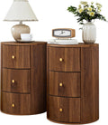 FurSch Fully Assembled Round End Table with 3 Storage Drawers Set of 2, Mid Century Fluted Side Table for Living Room Bedroom Sofa (Walnut-2 pcs)