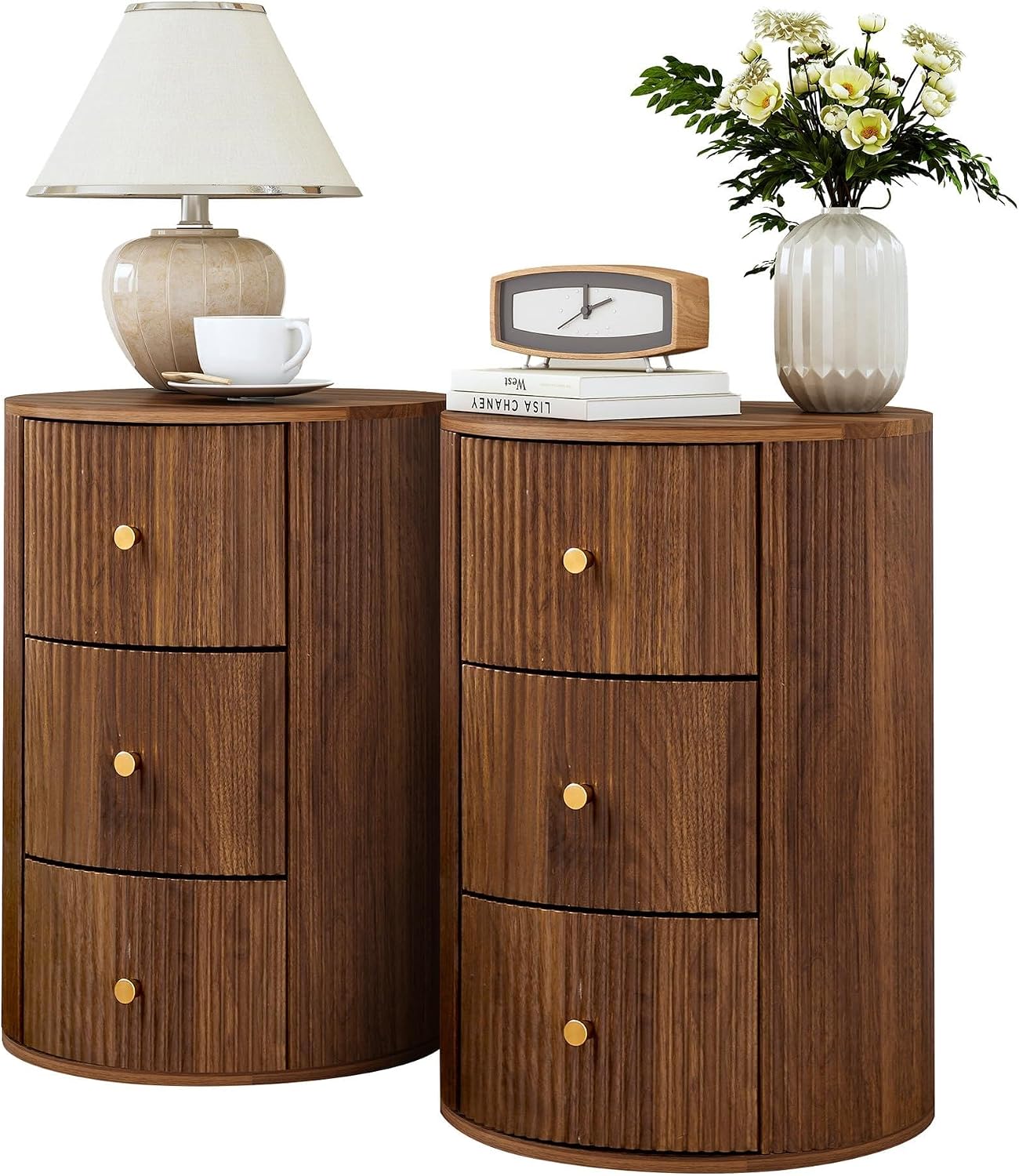 FurSch Fully Assembled Round End Table with 3 Storage Drawers Set of 2, Mid Century Fluted Side Table for Living Room Bedroom Sofa (Walnut-2 pcs)