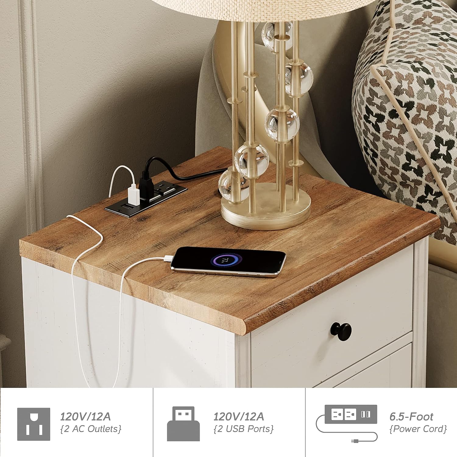 Nightstands with Charging Station, Set of 2 Wood End Table with Drawer and Storage Cabinet, Modern Side Tables Living Room Set of 2, Farmhouse Night Stands Bedside Table for Bedroom, White/Oak