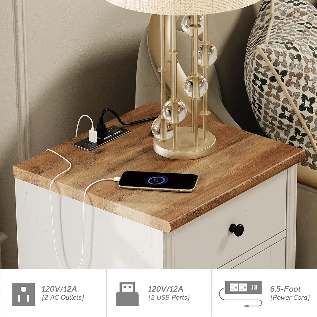 WAMPAT Nightstands with Charging Station, Set of 2 End Table with Power Outlets & USB Ports for Living Room, Modern Side Table with Wooden Drawer and Storage Cabinet for Bedroom, Off White