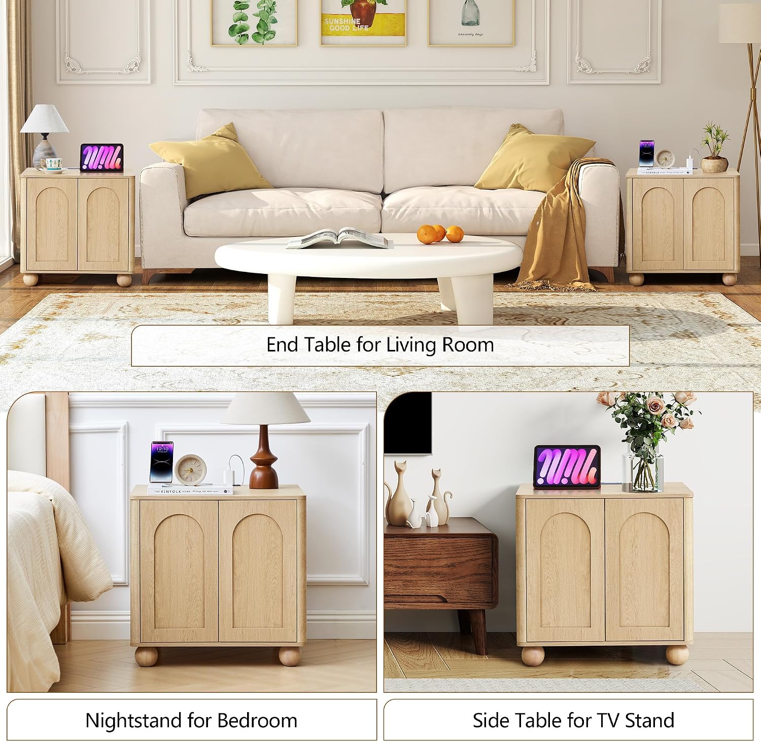 Bed Side Table Set of 2 with Charging Station, Mid Century Modern Nightstand with 2 Doors, Square End Table with Storage for Couch,Living Room, Sofa Side Table for Office,Dorm - Natural