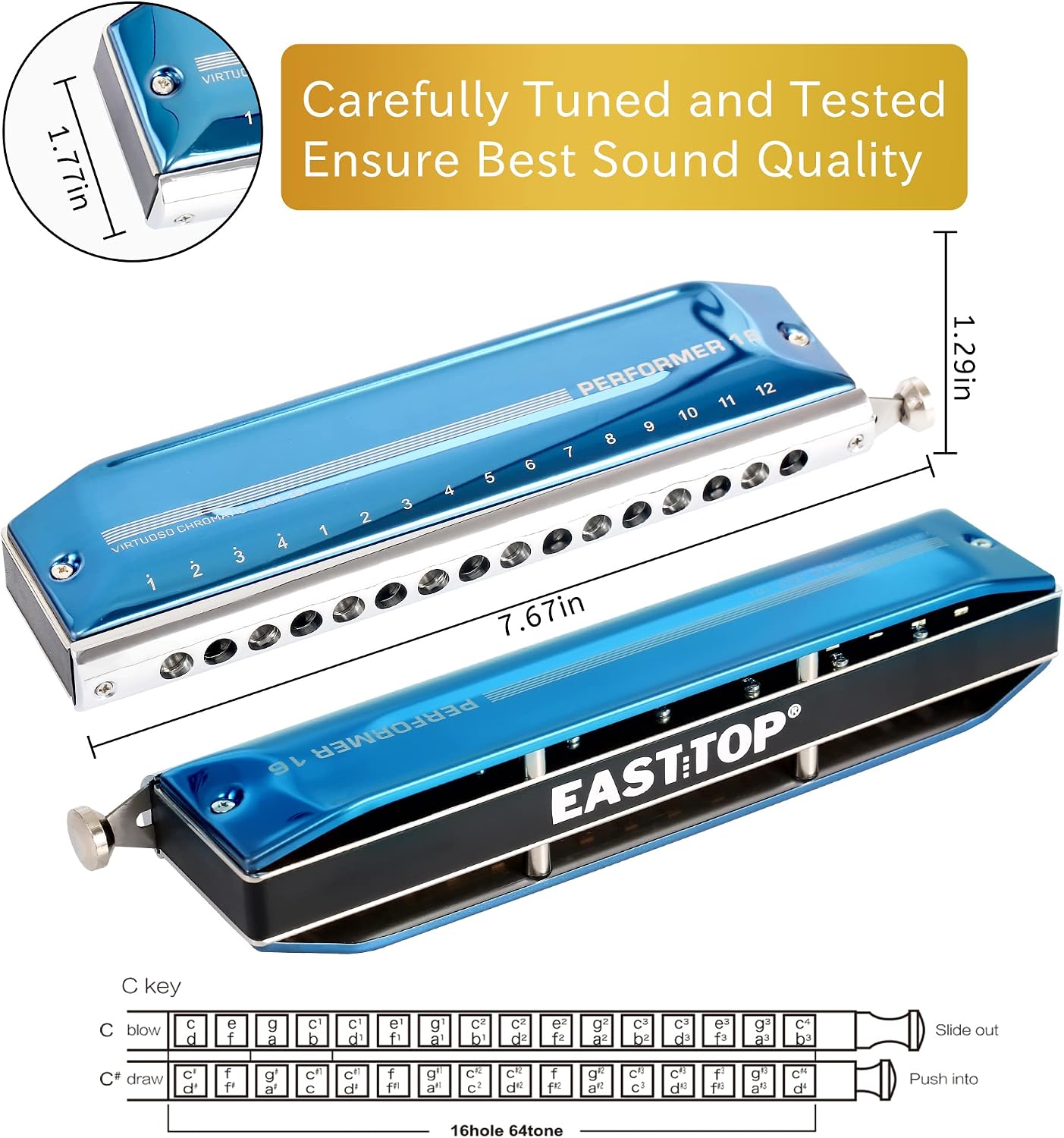East top Chromatic Harmonica 16 Hole 64 Tone Key of C, Professional Advanced Mouth Organ For Adults, Students and Harmonica-Lovers with Blue Cover (EAP-16)