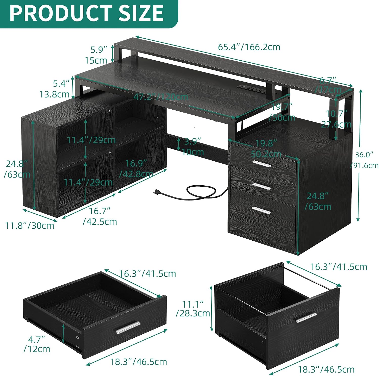 YITAHOME L Shaped Desk with 3 Drawers, 65' Corner Computer Desk with Power Outlets & LED Lights, L-Shaped Desk with File Cabinet & Printer Stand for Home Office, Black