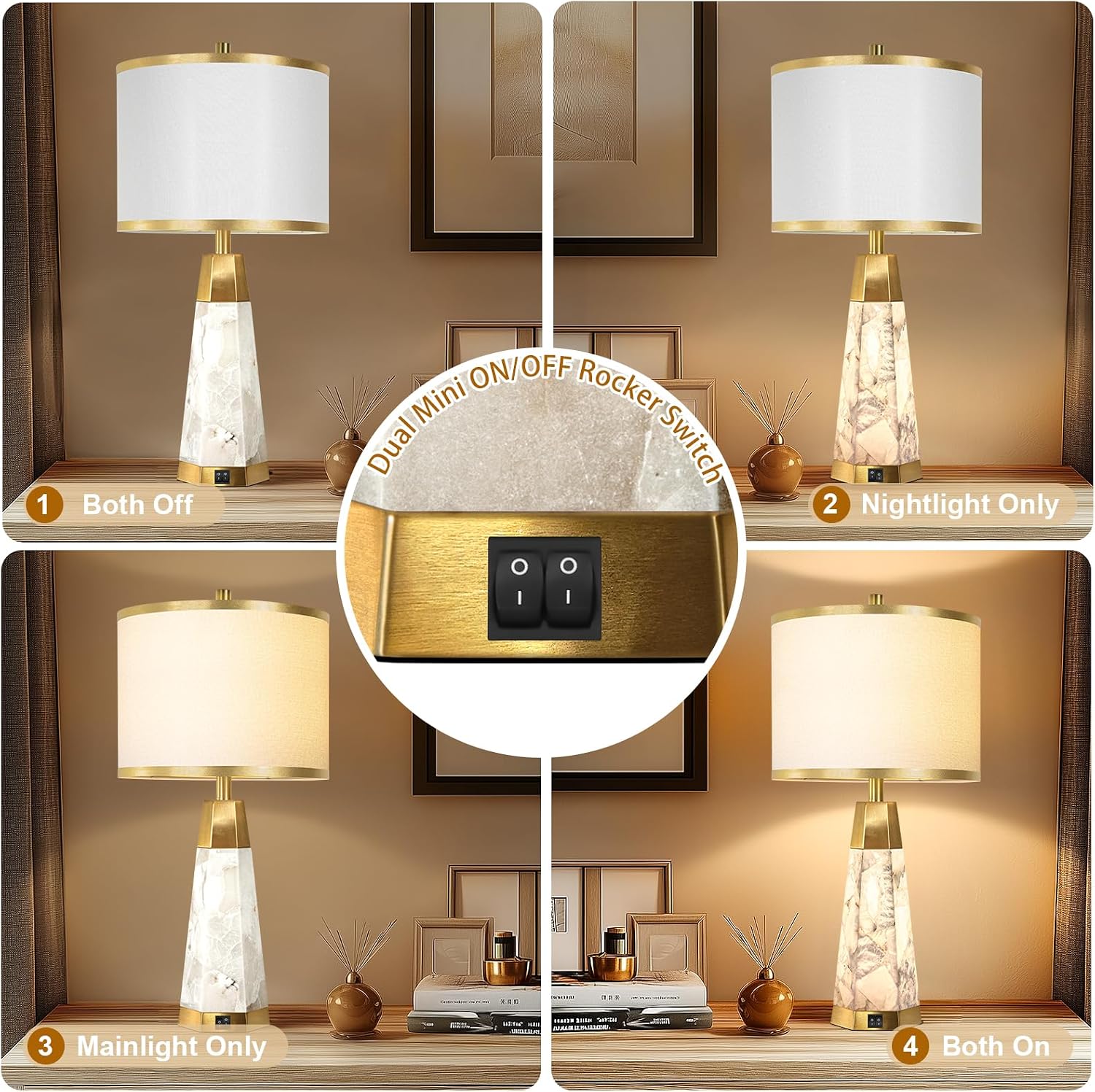 KIVDITZO 27' Alabaster Table Lamps Set of 2 - Lamps for Living Room with Night Light, Bedside Lamps with White Linen Shade, Nightstand Table Lamp with USB A+C Port for Bedroom Office (Bulb Included)