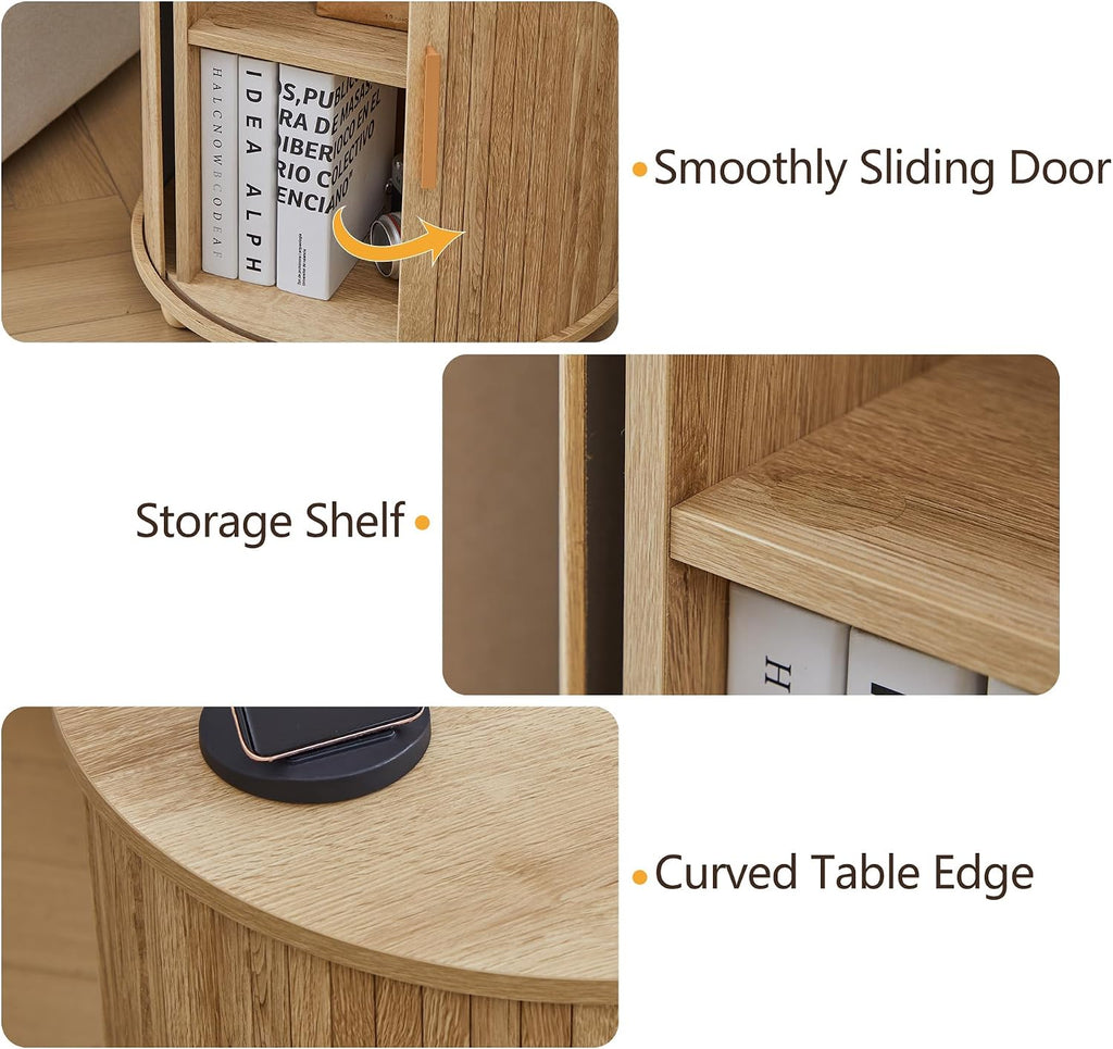 Set of 2 Fluted Round End Table with Charging Station, Small Farmhouse Sofa Side Table with Sliding Tambour Door & Storage, Mid-Century Wood Fulted Nightstands for Living Room, Bedroom (Natural)