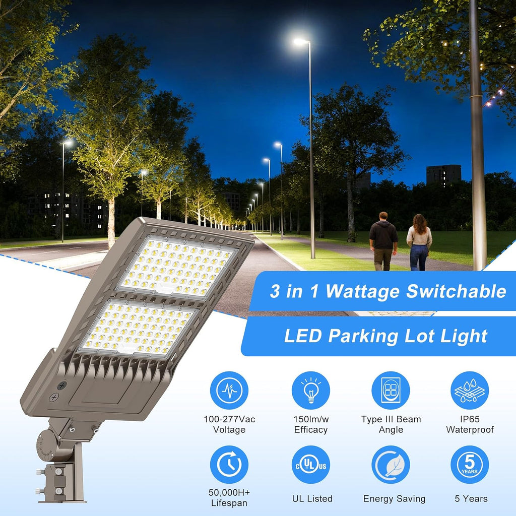 2 Pack 320W LED Parking Lot Light UL Listed 48000LM 5000K 320W 256W 192W Adjustable LED Shoebox Pole Light 150 LM/W Slip Fitter IP65 Commercial Outdoor Street Area Light AC100-277V