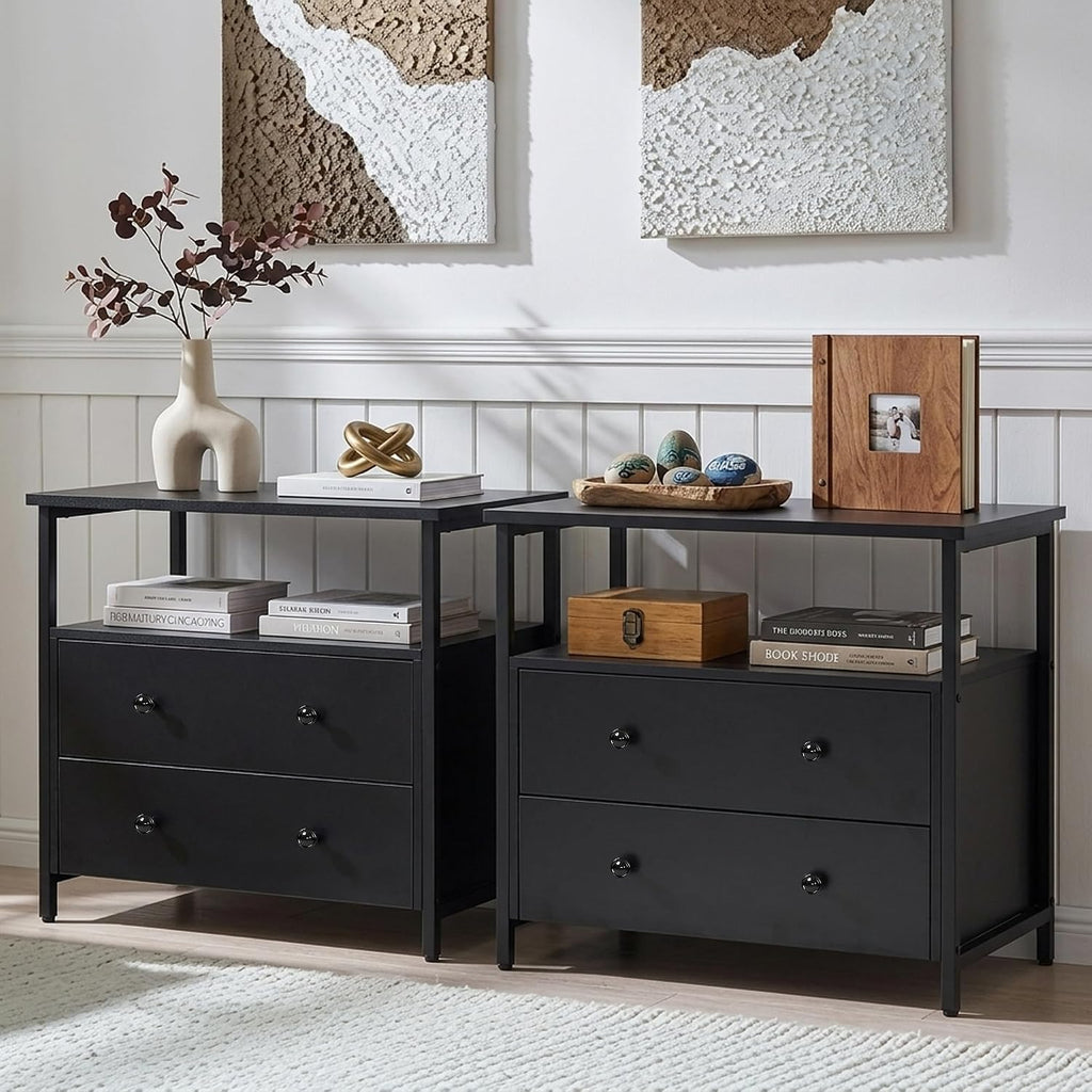 Edbuosy 27 inch Wide Night Stand Set 2 with Charging Station, Bedside Table with Open Shelf, 2 Drawers Small Wood Dresser, Modern Wood Nightstand for Bedroom/Living Room (Black)