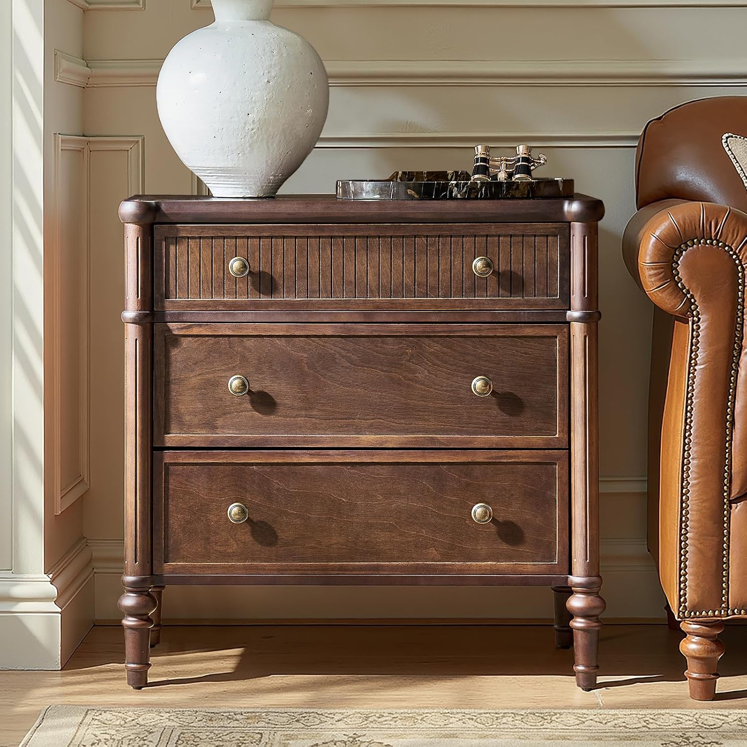 HULALA HOME Traditional End Table with Charging Station, Fluted End Tables with Wood Drawers and Solid Wood Spindle Legs, 28 Inch Wide Storage, Walnut