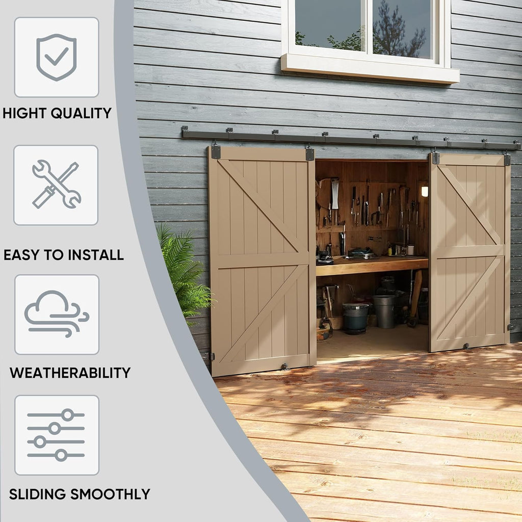 JUBEST 16FT Box Rail Exterior Barn Door Hardware Kit, Heavy Duty Sliding Door Track Kit Wall Mount Door Hardware Kit for Two Doors System(Doors Not Included), Black