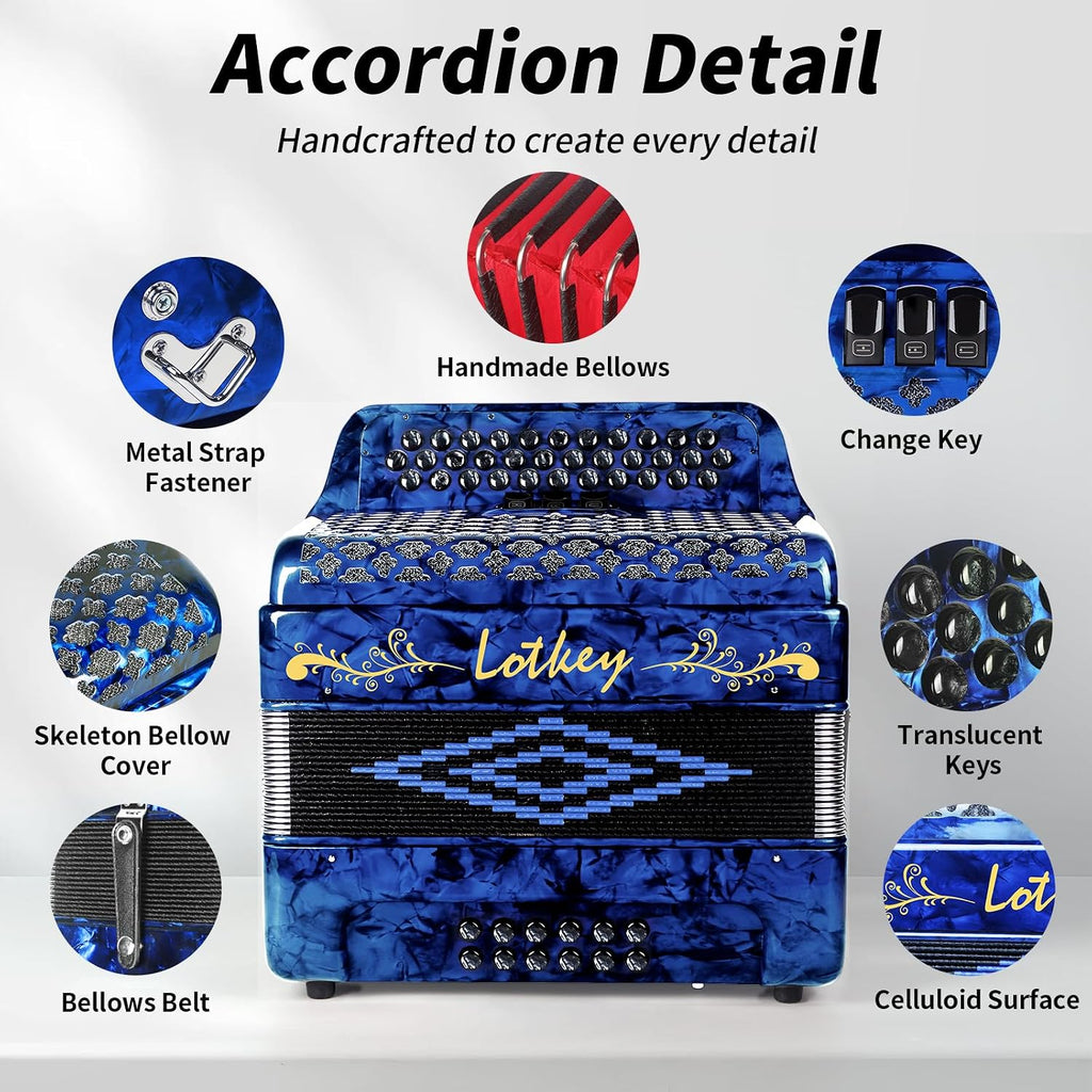 Lotkey 34 Key Diatonic Accordion, 3412 Multi Tone Celluloid Accordions Louder Clearer Timbre than Plastic for Adult, Beginner, Professional with Updated Bag, Straps, Acordeón Wrist Guard (FBE Blue)