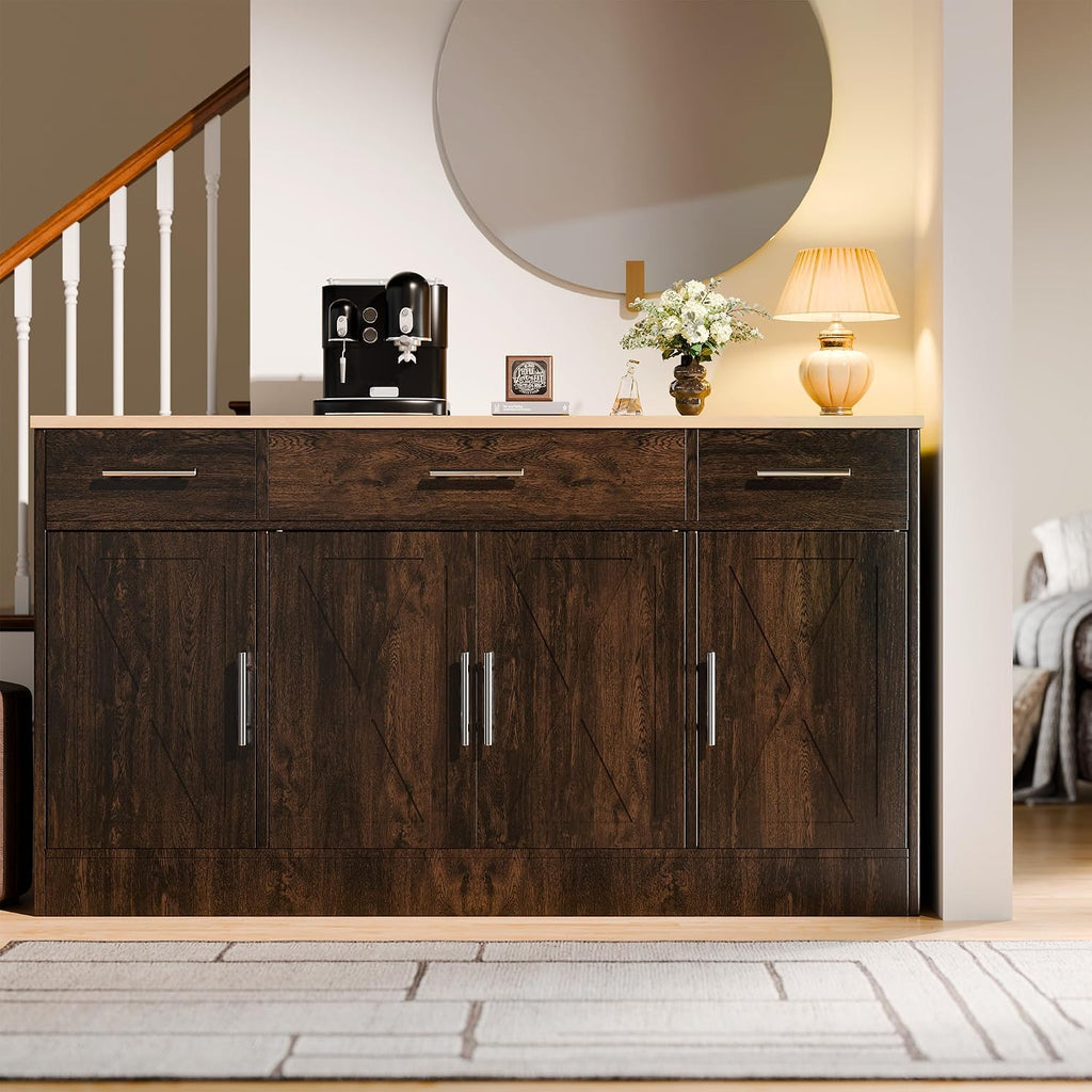 SUNLEI Kitchen Storage Cabinets, Farmhouse Buffet Cabinet with 4 Doors and 3 Drawers, Sideboard Small Storage Cabinet with Adjustable Shelf, for Kitchen, Dining Room & Living Room, Brown