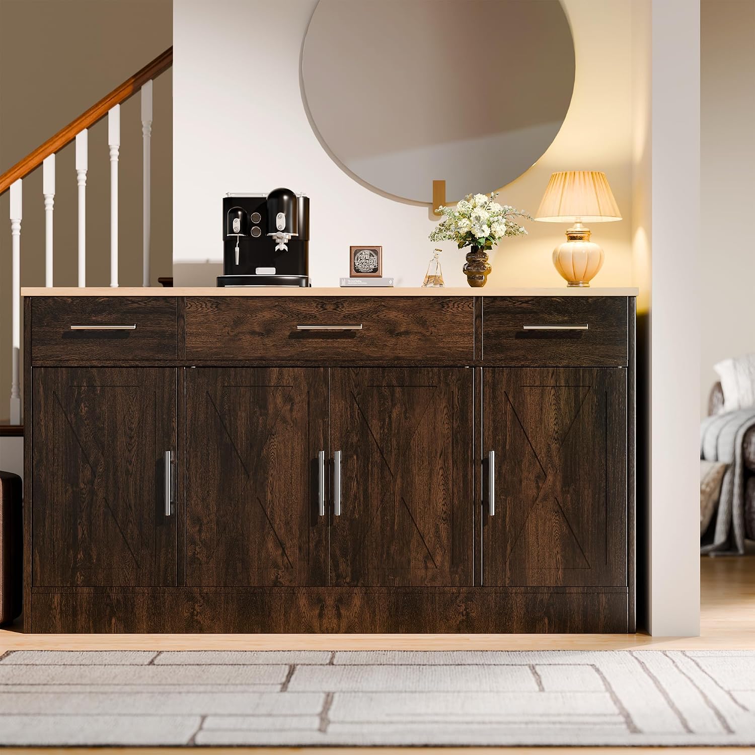 SUNLEI Kitchen Storage Cabinets, Farmhouse Buffet Cabinet with 4 Doors and 3 Drawers, Sideboard Small Storage Cabinet with Adjustable Shelf, for Kitchen, Dining Room & Living Room, Brown