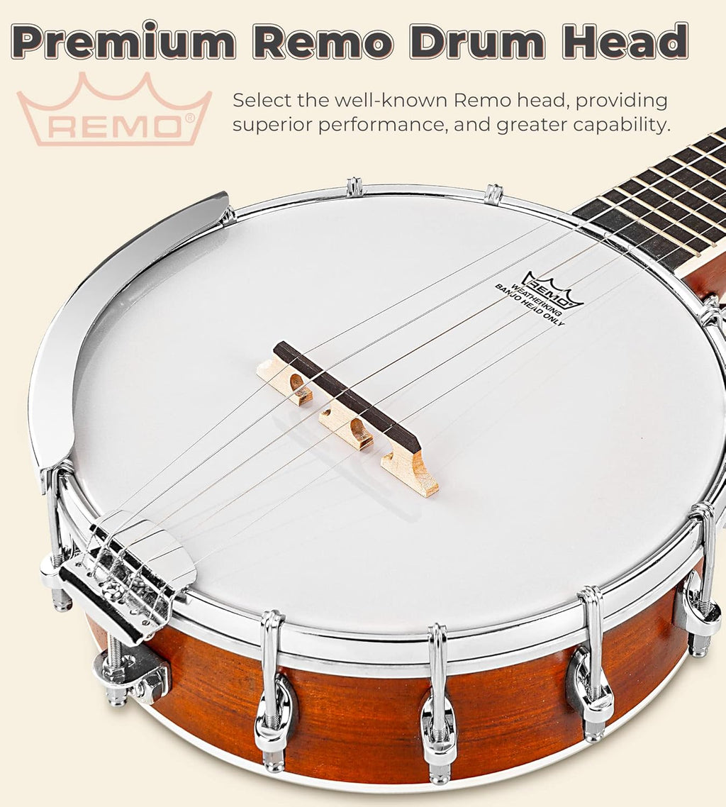 Vangoa 5 String Banjo 26 Inch, MINI Travel Banjo Beginner Kit with Remo Head, Open Back & Closed Solid Back with beginner Kit, Comfortable Carrying Bag