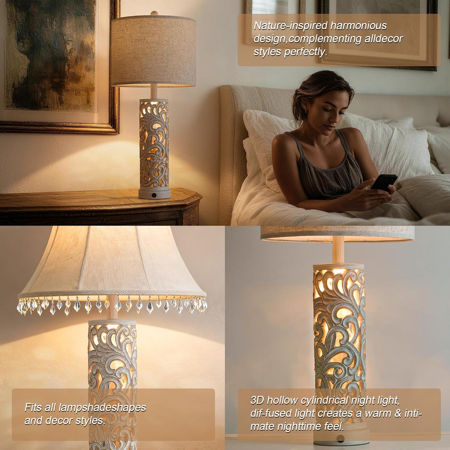 OYEARS 2-in-1 Light Table Lamp Set of 2 for Living Room, 28.5' Farmhouse Bedside Lamps with USB Charging Port, Main&Night Light & Dual Switches, Nightstand Lamp for Bedroom Home Office(Bulb Included)