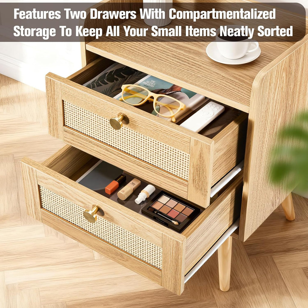 Nightstands Set of 2 with Charging Station, Modern Boho Rattan Bedside Tables with 2 Drawers, Solid Wood Legs, Open Storage End Tables for Bedroom Living Room Dorm – Natural