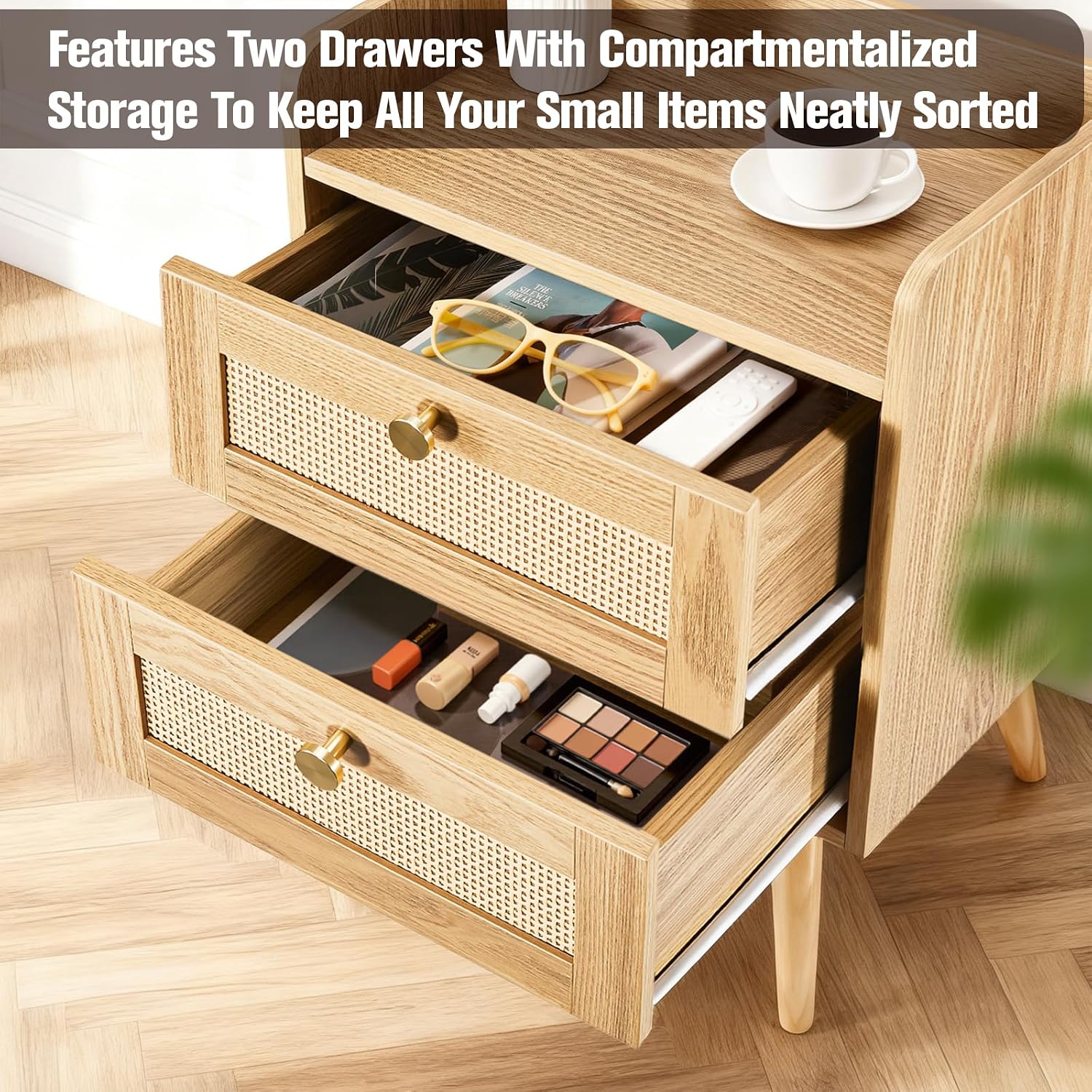 Nightstands Set of 2 with Charging Station, Modern Boho Rattan Bedside Tables with 2 Drawers, Solid Wood Legs, Open Storage End Tables for Bedroom Living Room Dorm – Natural