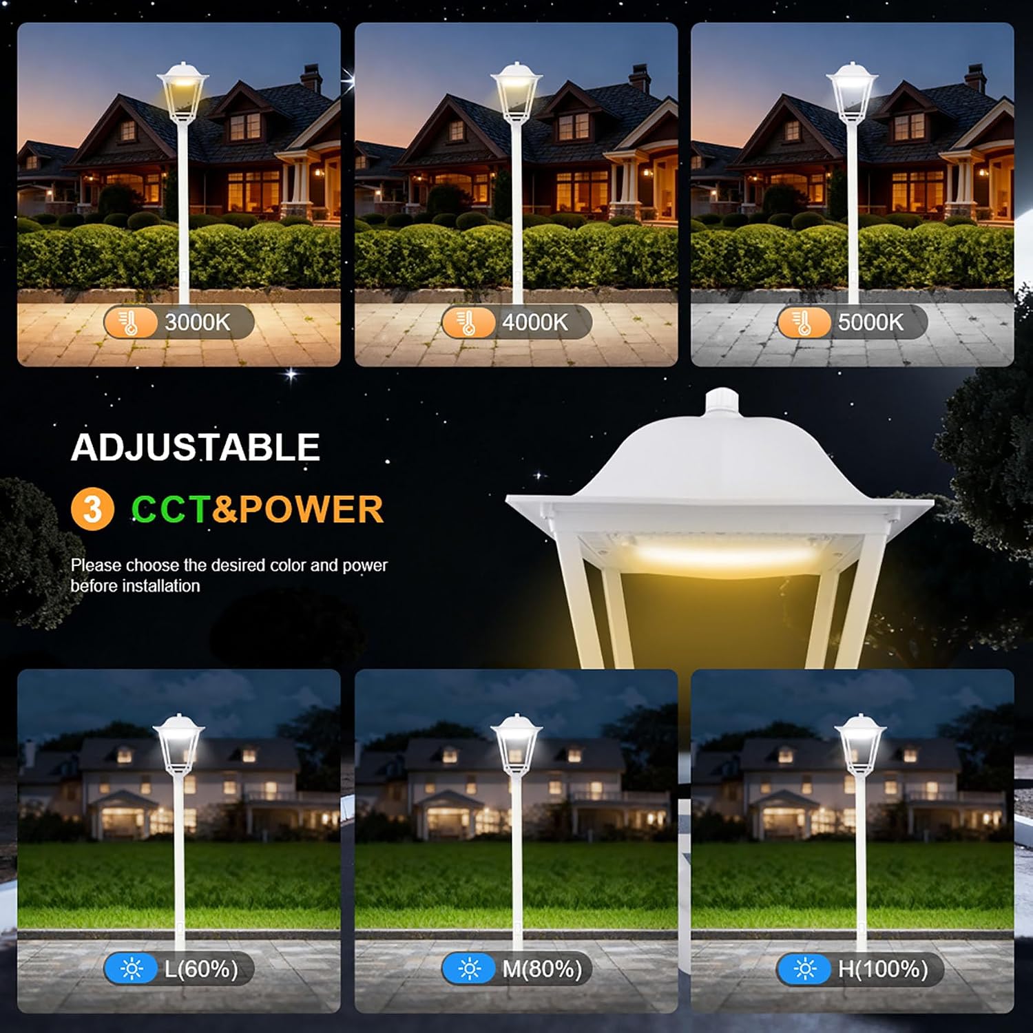 75W LED Post Top Light, Adjustable Color Temperature 3000K/4000K/5000K, AC100-277V 13000LM Outdoor Garden Lights Fixture, IP65 Waterproof Commercial Street Area Lighting, DLC/ETL Listed