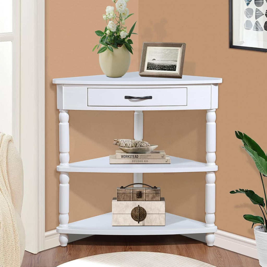 33.8'' Small Triangle Corner Table,3 Tier End Corner Table with Open Shelf and Solid Wood Legs,Wood Corner Side Table with 1 Storage Drawer for Bedroom,Living Room,Small Spaces (Milk White)