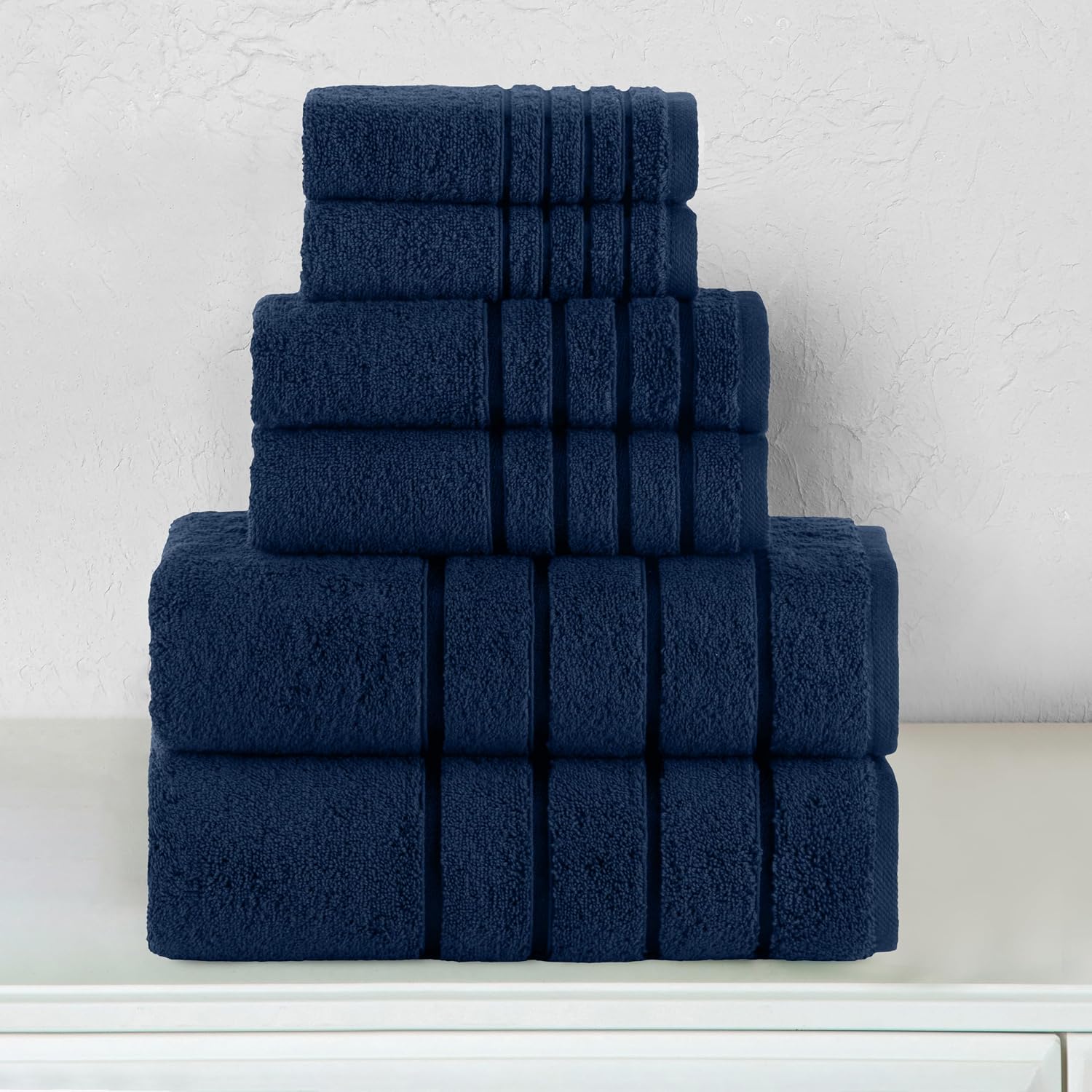 Elegant Comfort 4 Lines Viscose Stripe 6-Piece Towel Set 100% Turkish Cotton High Absorbent Luxury Bathroom Towels Includes 2 Washcloths, 2 Hand and 2 Bath Towels Set, Navy Blue (Pack of 4)