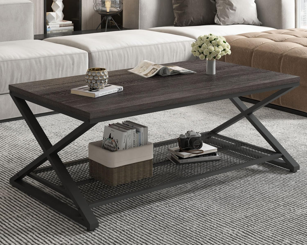 LVB Industrial Grey Coffee Table, Wood Metal 2 Tier Center Table with Storage, Rectangular Low Cocktail Table for Living Room, Farmhouse Concrete Tables for Home Office Bedroom, Dark Gray Oak, 47 Inch