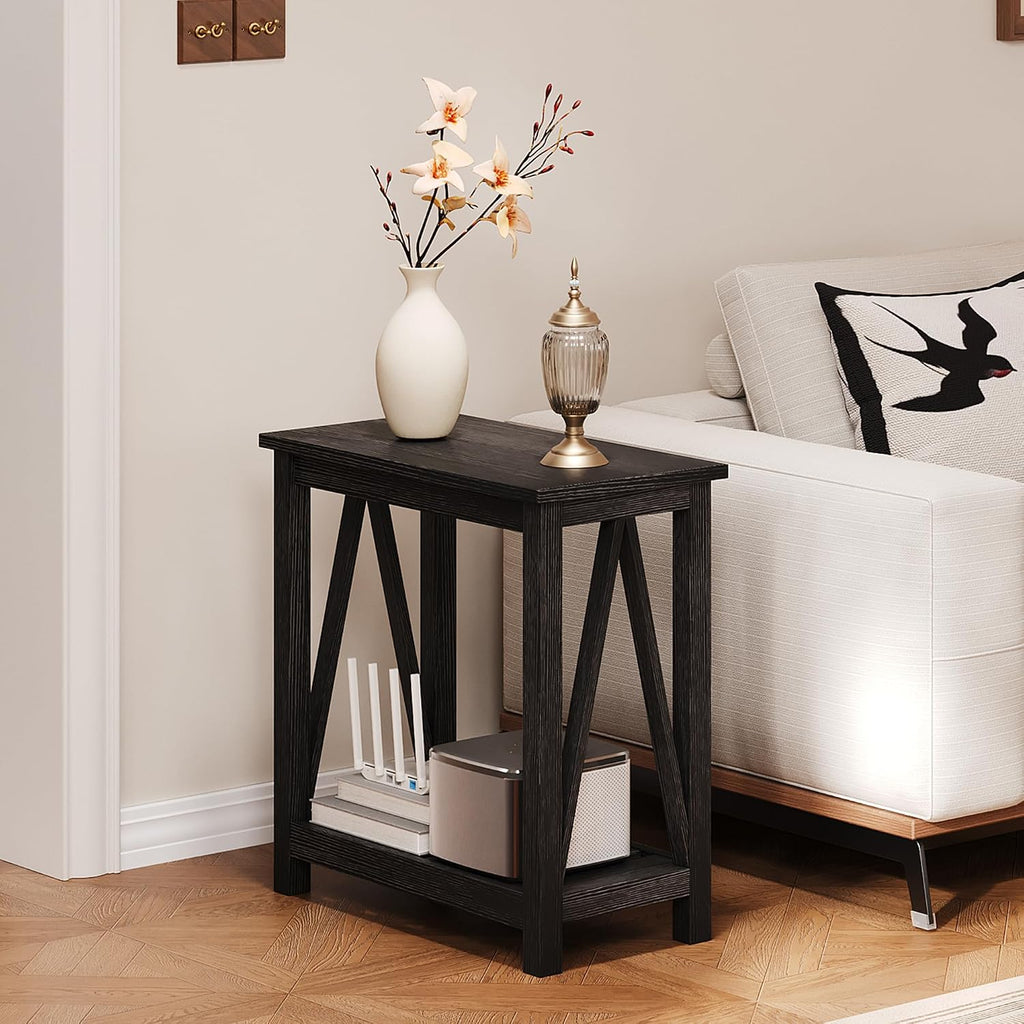 ChooChoo Farmhouse End Table Set of 2, Rustic Vintage Narrow End Side Table with Storage Shelf for Small Spaces, Nightstand Sofa Table for Living Room, Bedroom Black