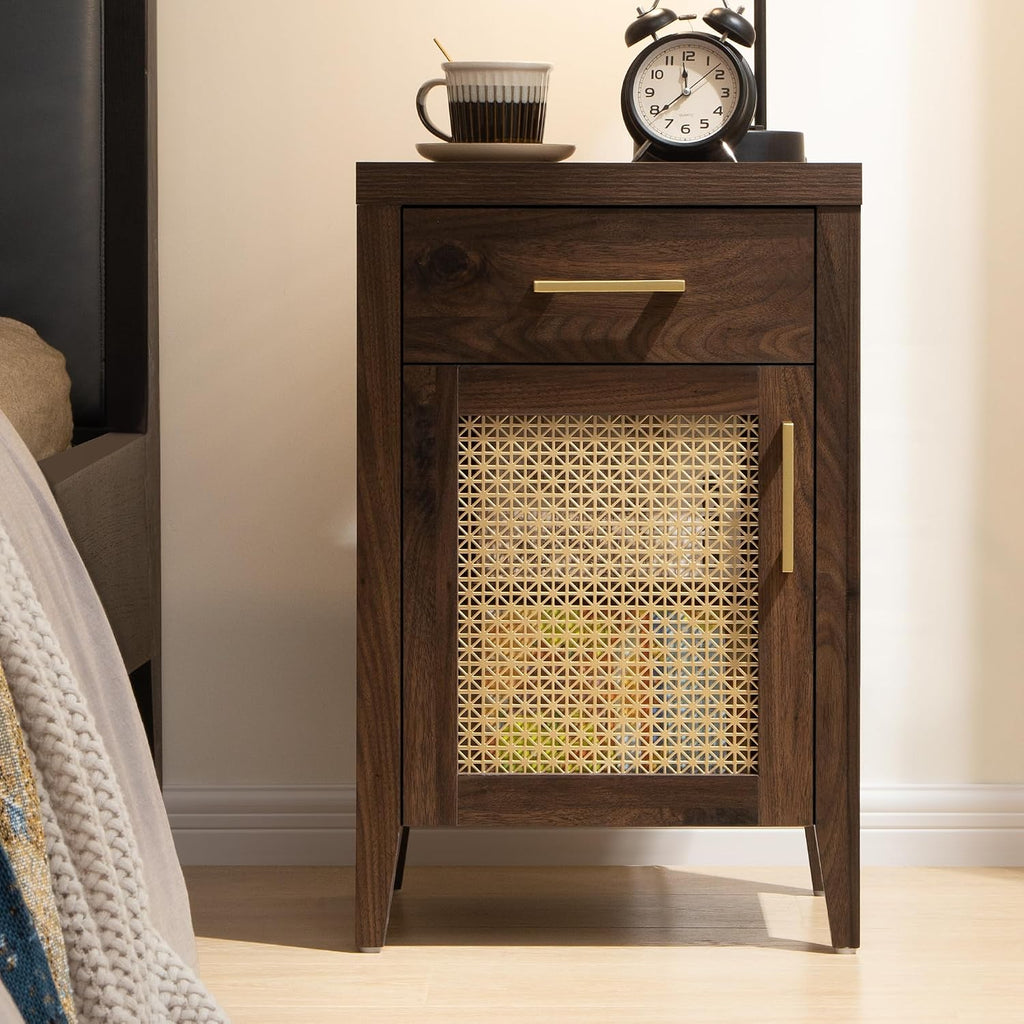 SICOTAS Tall Nightstands Set of 2 with Drawer, Mid Century Modern Wooden Night Stand Rustic Bedside Tables with Storage, Vintage End Tables with Metal Mesh Door for Bedroom, Espresso Walnut